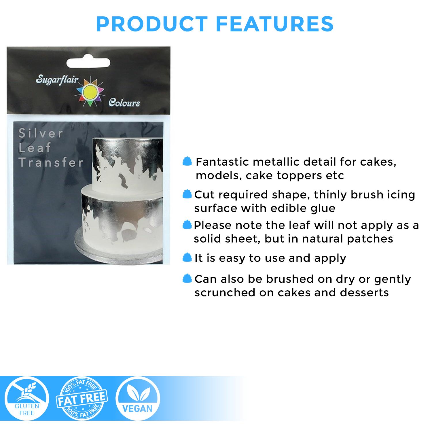 SUGARFLAIR 24 CARAT SILVER LEAF TRANSFER 100% EDIBLE DECORATION SHEET