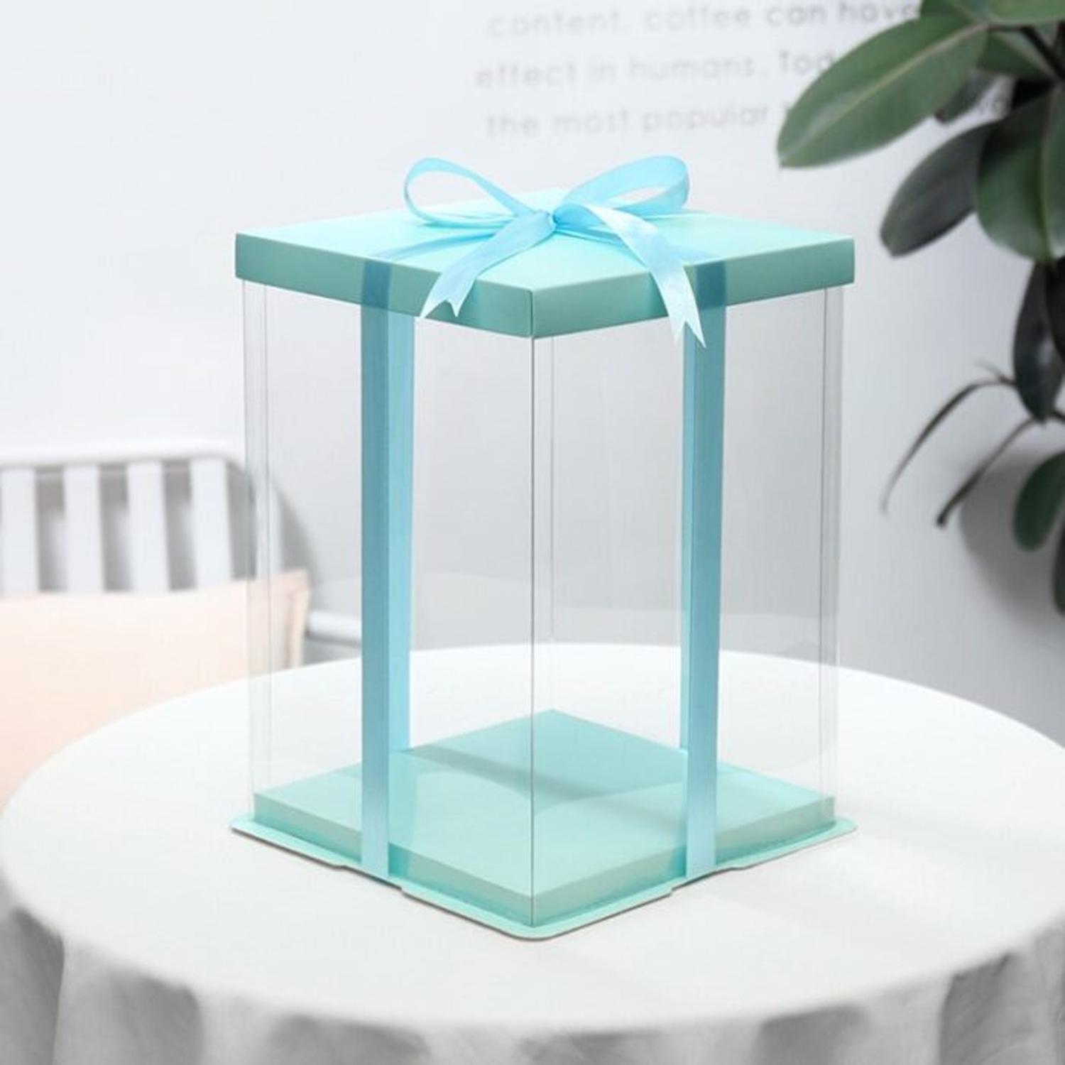 SQUARE TRANSPARENT PVC CAKE BOX BLUE LID 30*30*40CM