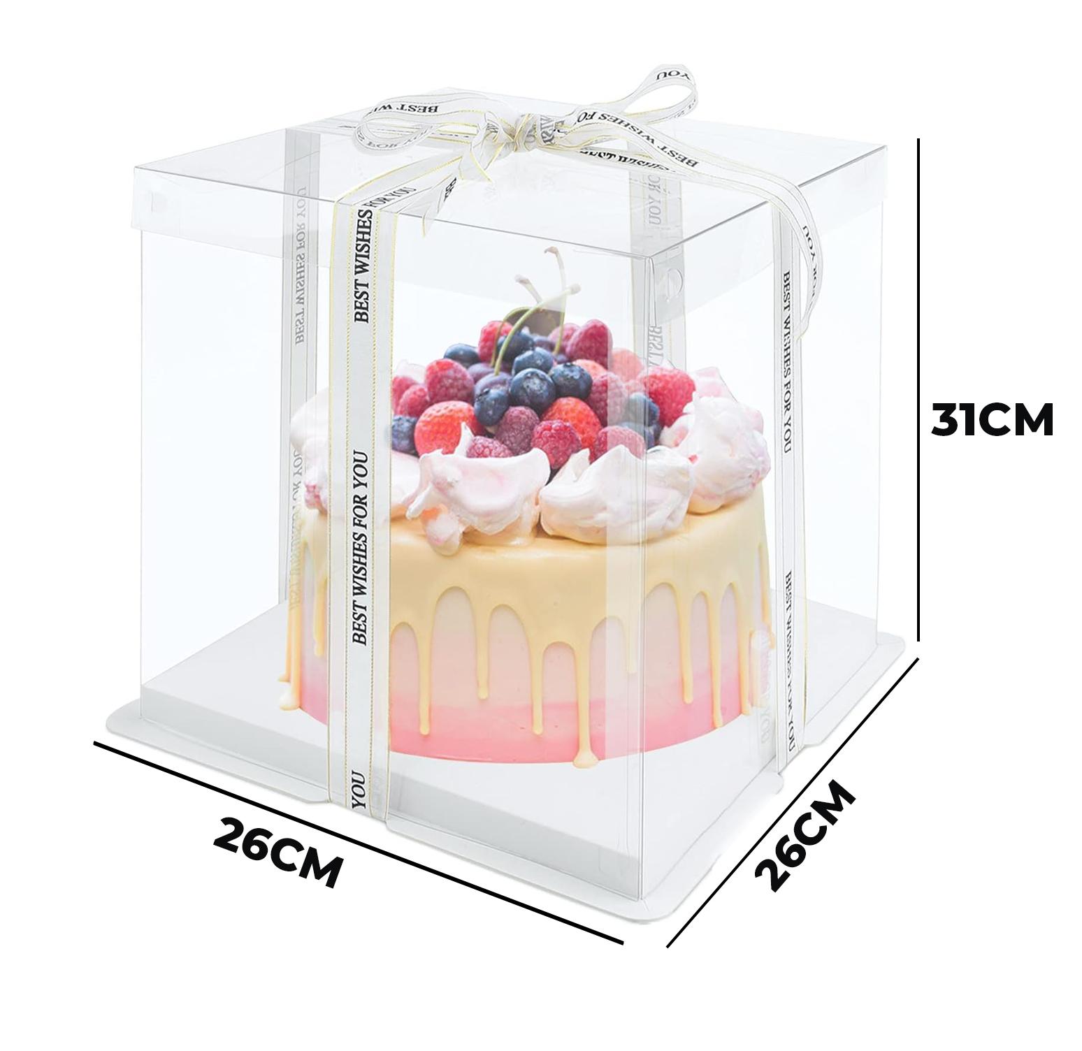SQUARE TRANSPARENT PVC CAKE BOX CLEAR LID 26*26*31CM