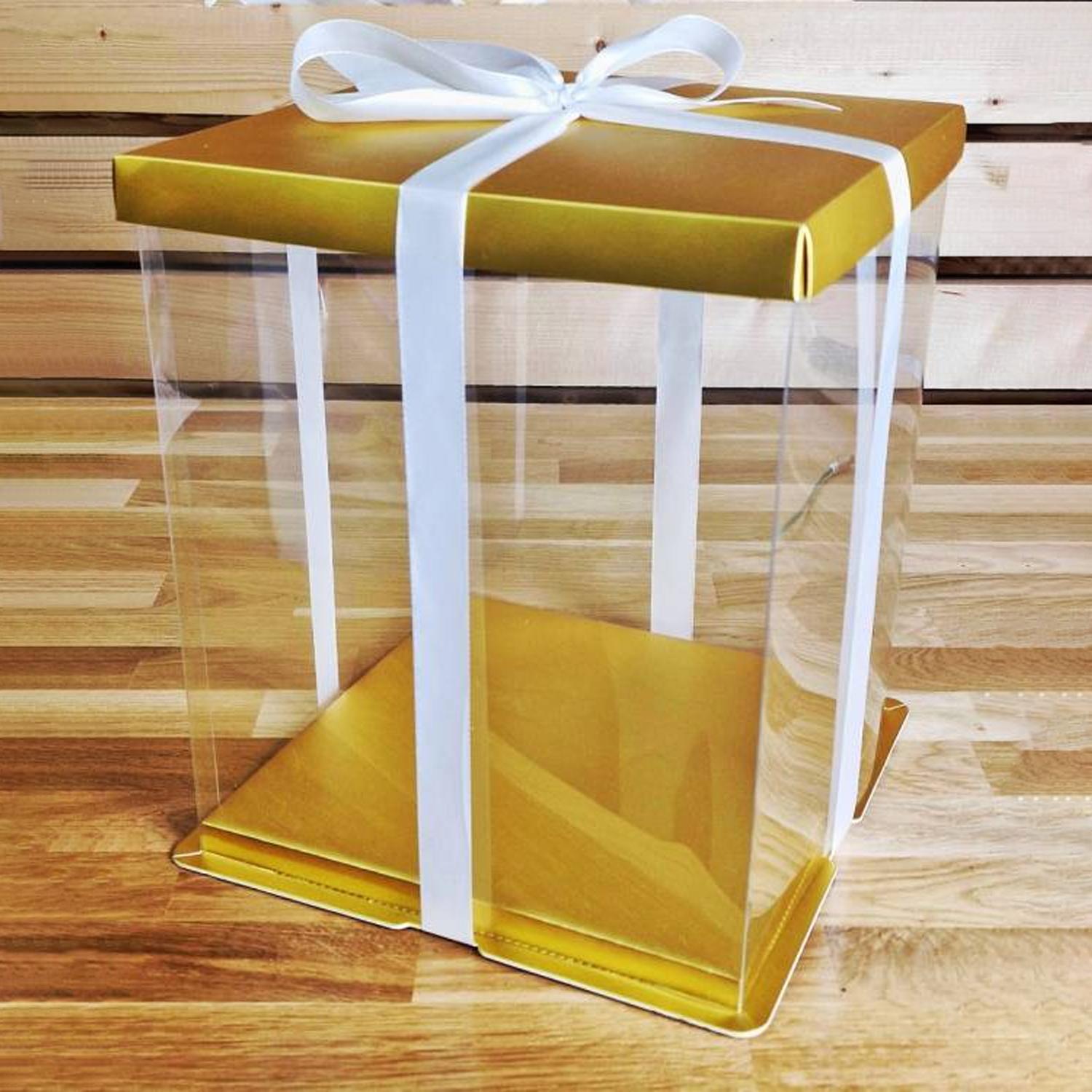 SQUARE TRANSPARENT PVC CAKE BOX GOLD LID 30*30*40CM