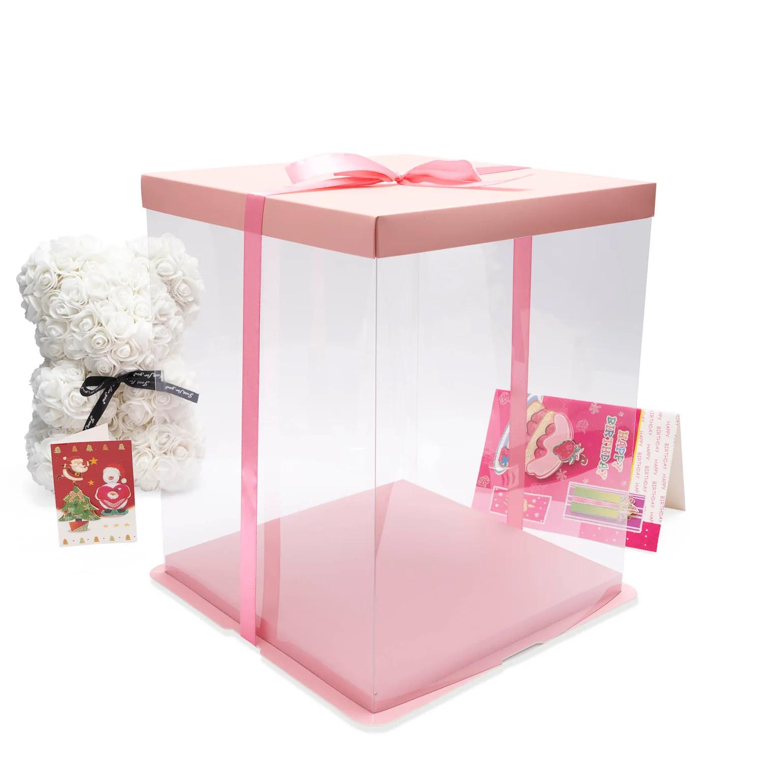 SQUARE TRANSPARENT PVC CAKE BOX PINK LID 26*26*31CM