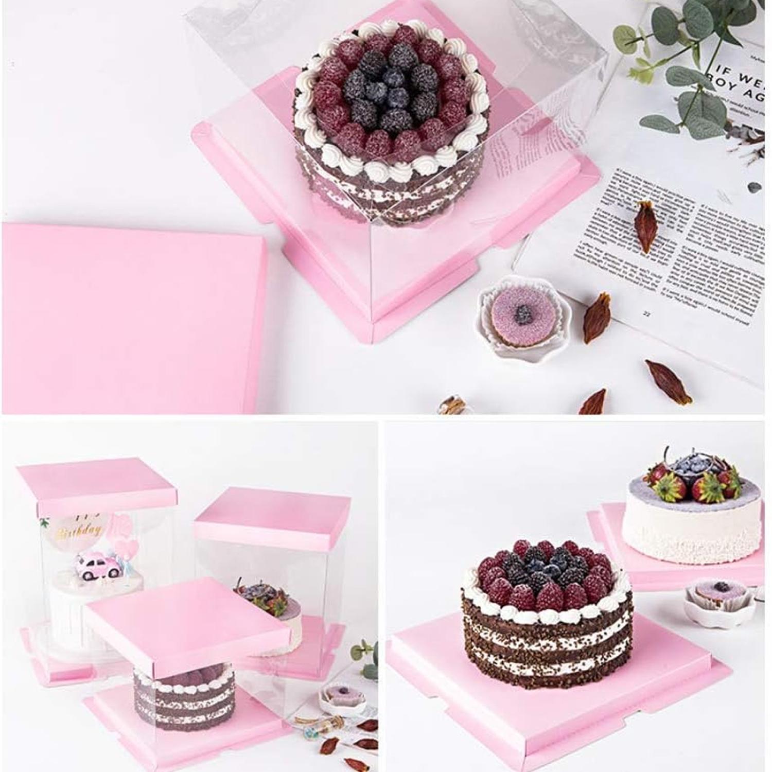 SQUARE TRANSPARENT PVC CAKE BOX PINK LID 30*30*40CM
