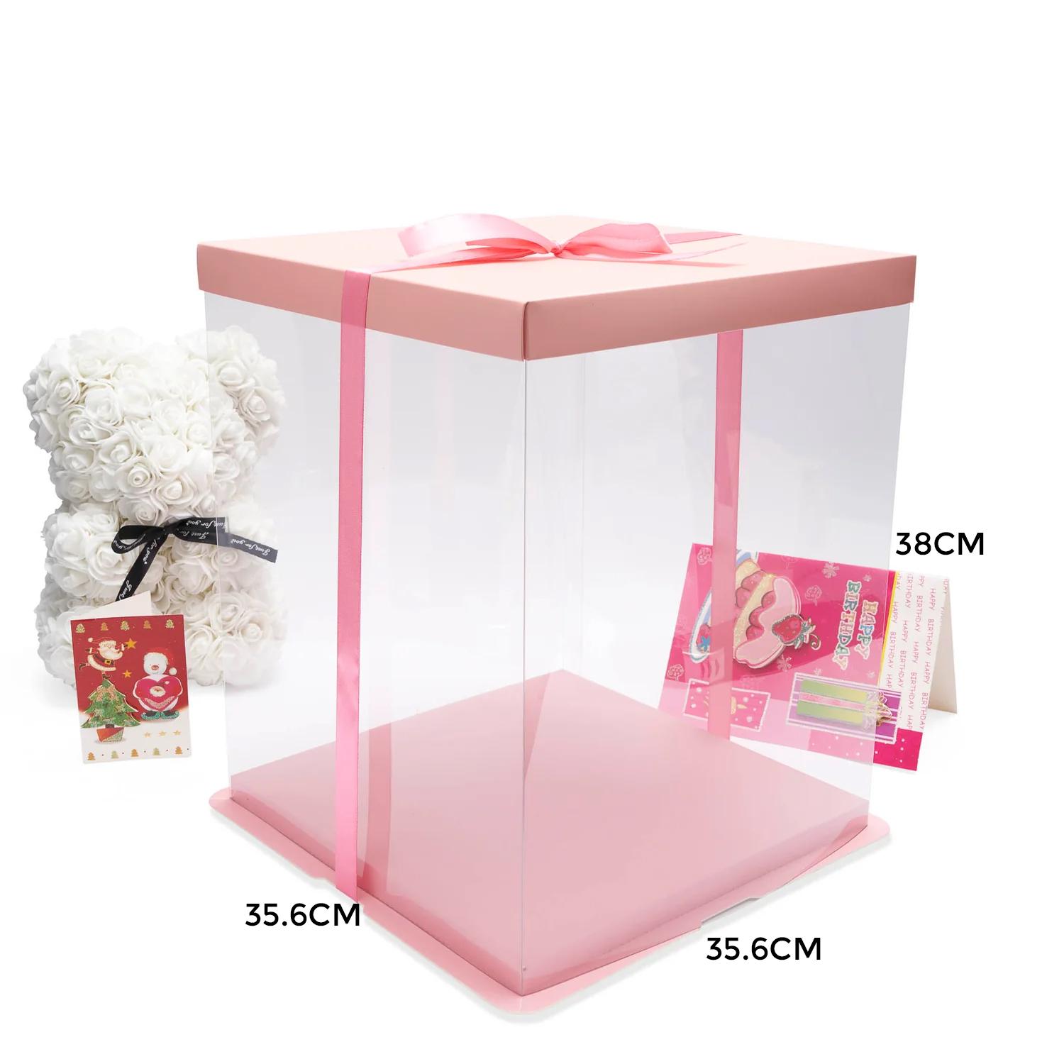 TRANSPARENT PVC CAKE BOX PINK LID 35.6*35.6*38CM