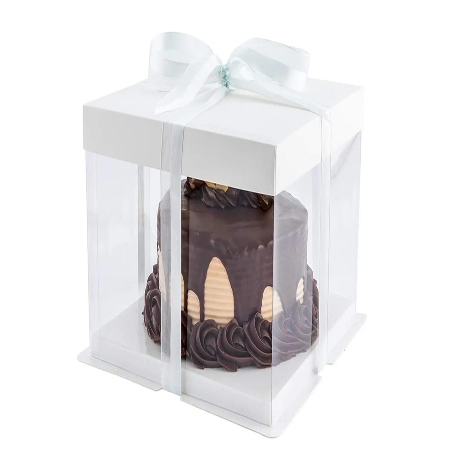 SQUARE TRANSPARENT PVC CAKE BOX WHITE LID 30*30*40CM