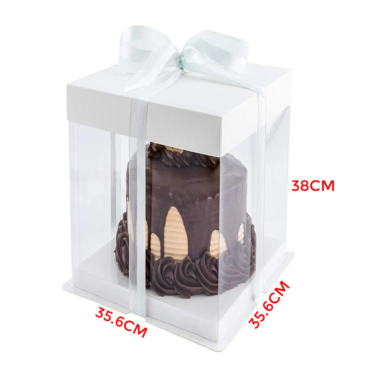 SQUARE TRANSPARENT PVC CAKE BOX WHITE LID 35.6*35.6*38CM