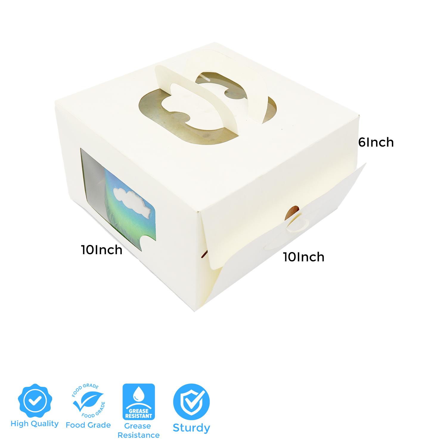 SQUARE WHITE 1KG 10 x 10 x 6 INCHES WINDOW CAKE BOX WITH HANDLES