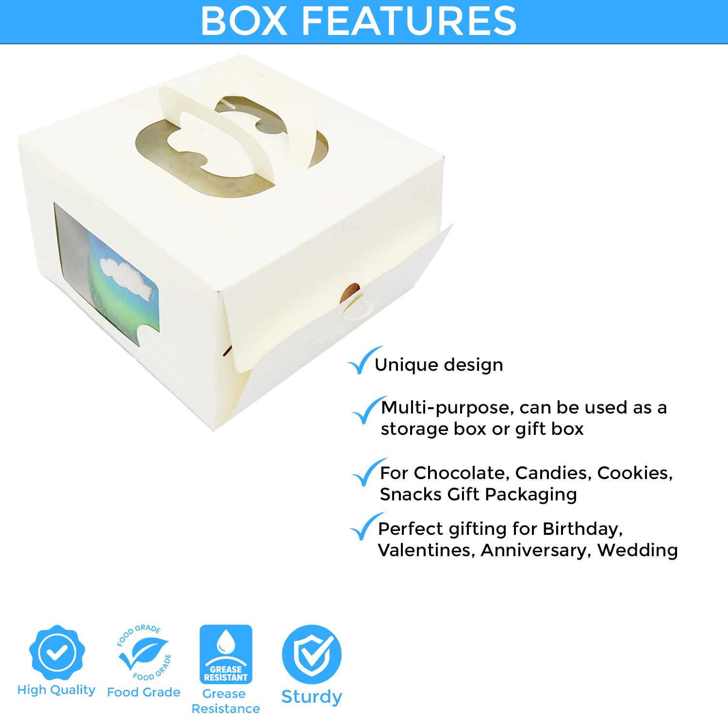 SQUARE WHITE 1KG 10 x 10 x 6 INCHES WINDOW CAKE BOX WITH HANDLES