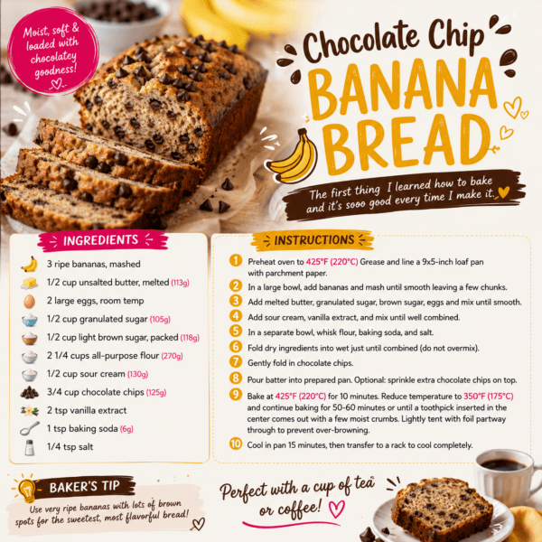 ๐ Chocolate Chip Banana Bread Recipe (Soft, Moist & Loaded with Chocolate ๐โจ)