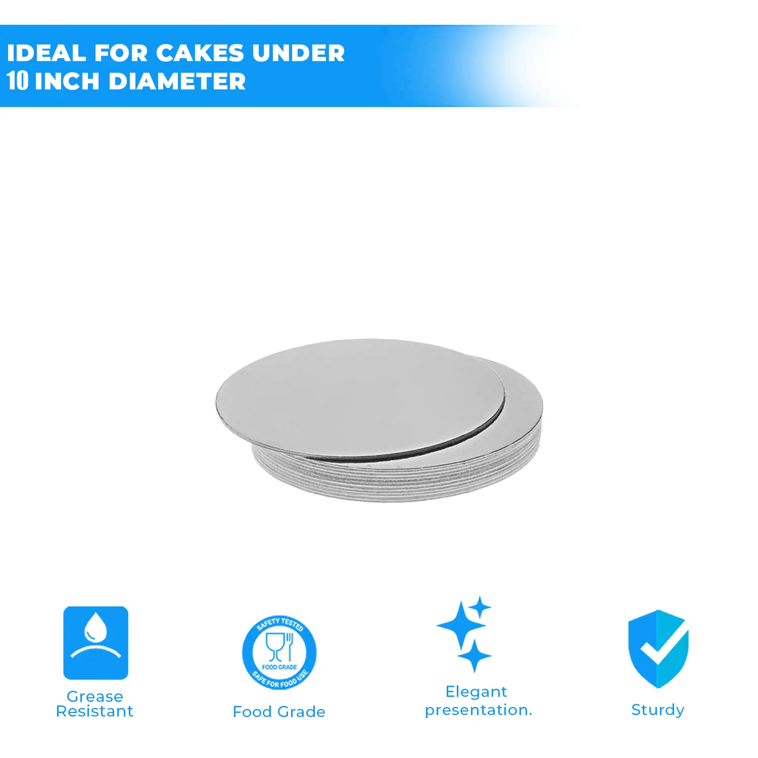 1KG THIN 10 INCH ROUND SMOOTH SILVER CAKE BOARD