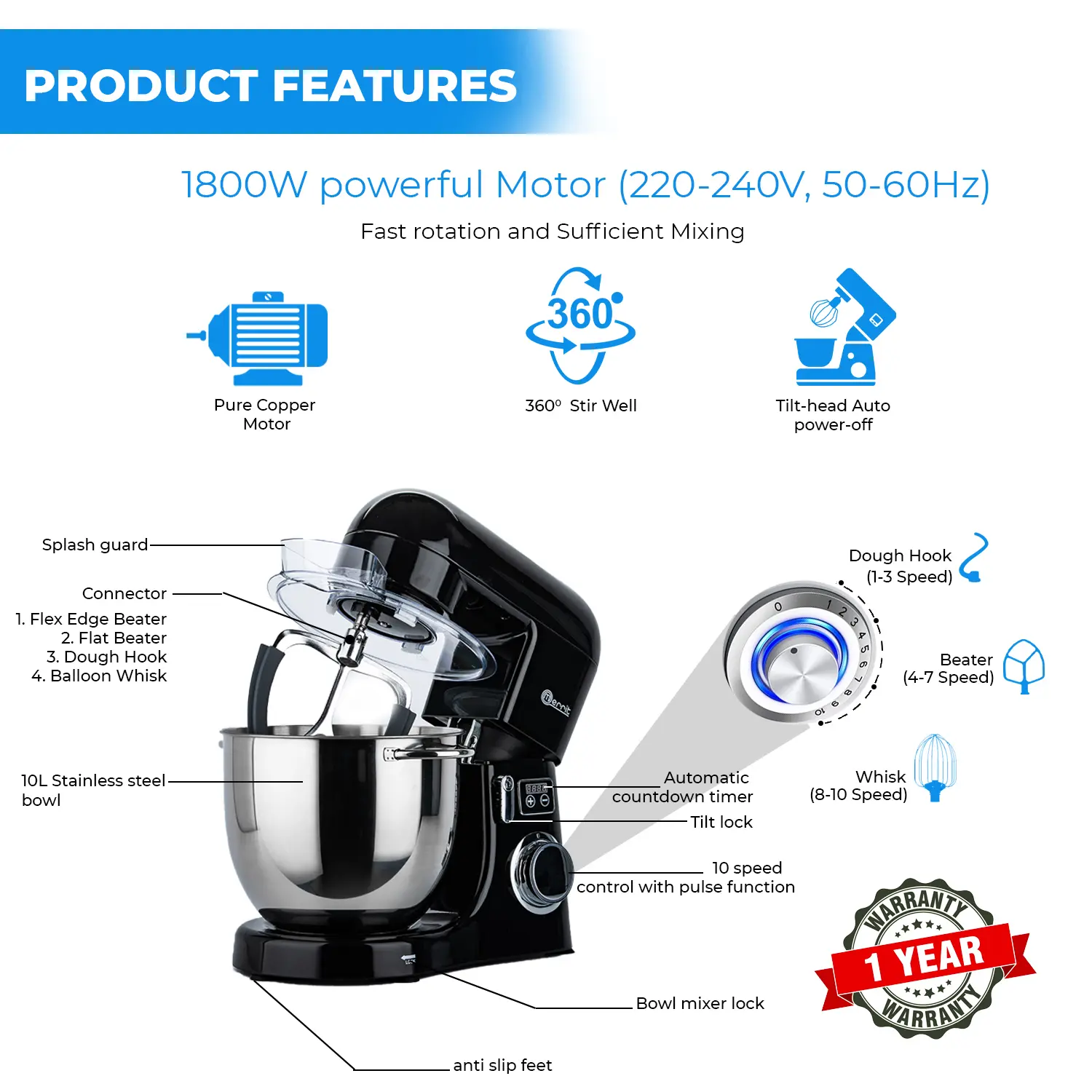 10L BLACK MERRIT STAND MIXER