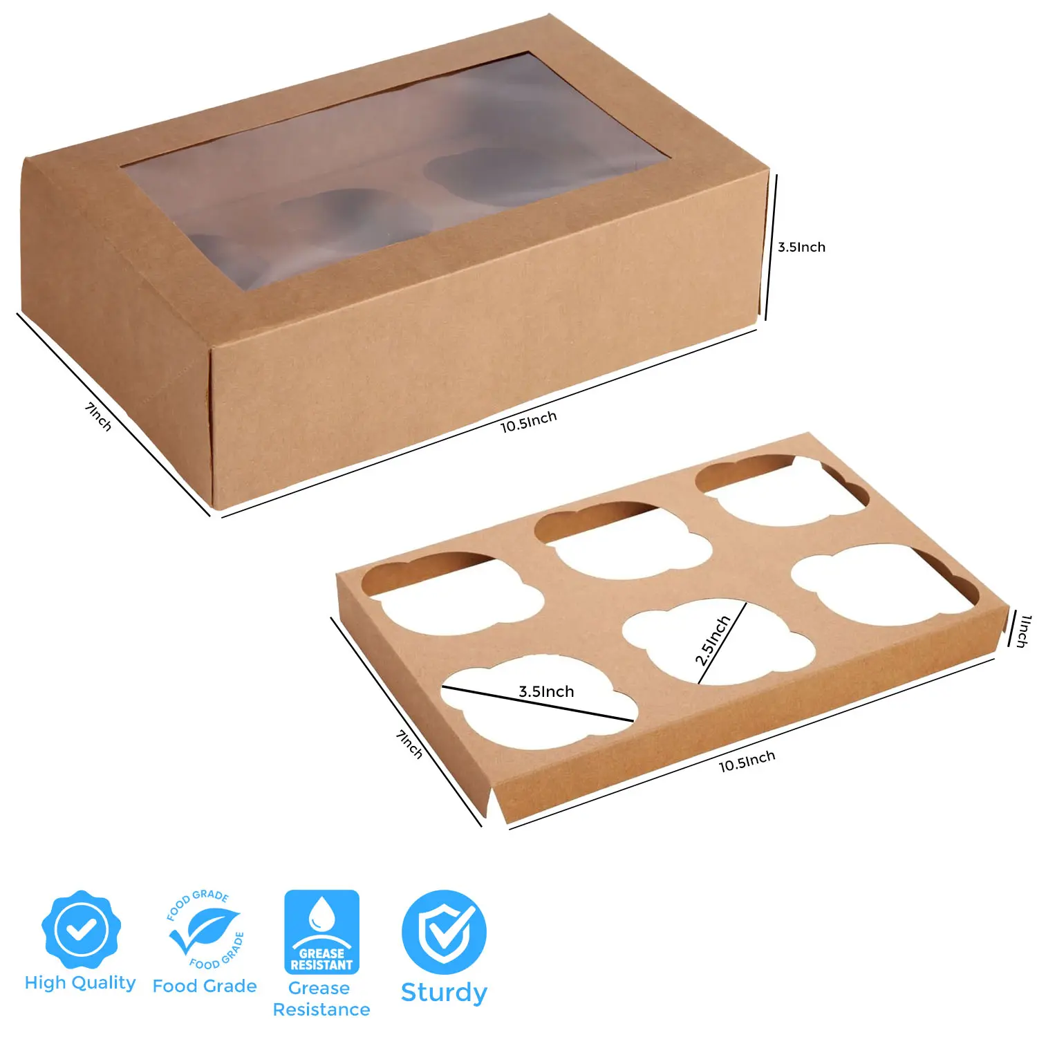 WHITE WITH BROWN MUFFIN 10.5 X 7 X 3.5 INCH CAKE BOX WITH WINDOW AND 6 HOLE DIVIDERS