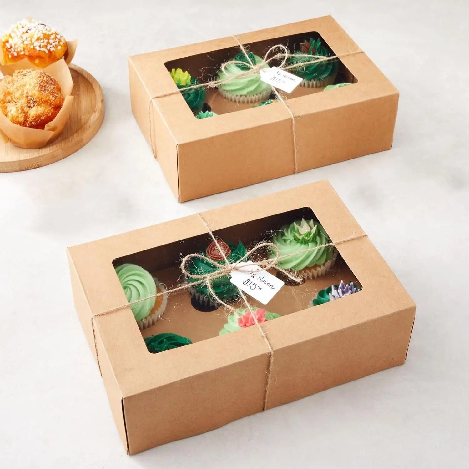 WHITE WITH BROWN MUFFIN 10.5 X 7 X 3.5 INCH CAKE BOX WITH WINDOW AND 6 HOLE DIVIDERS