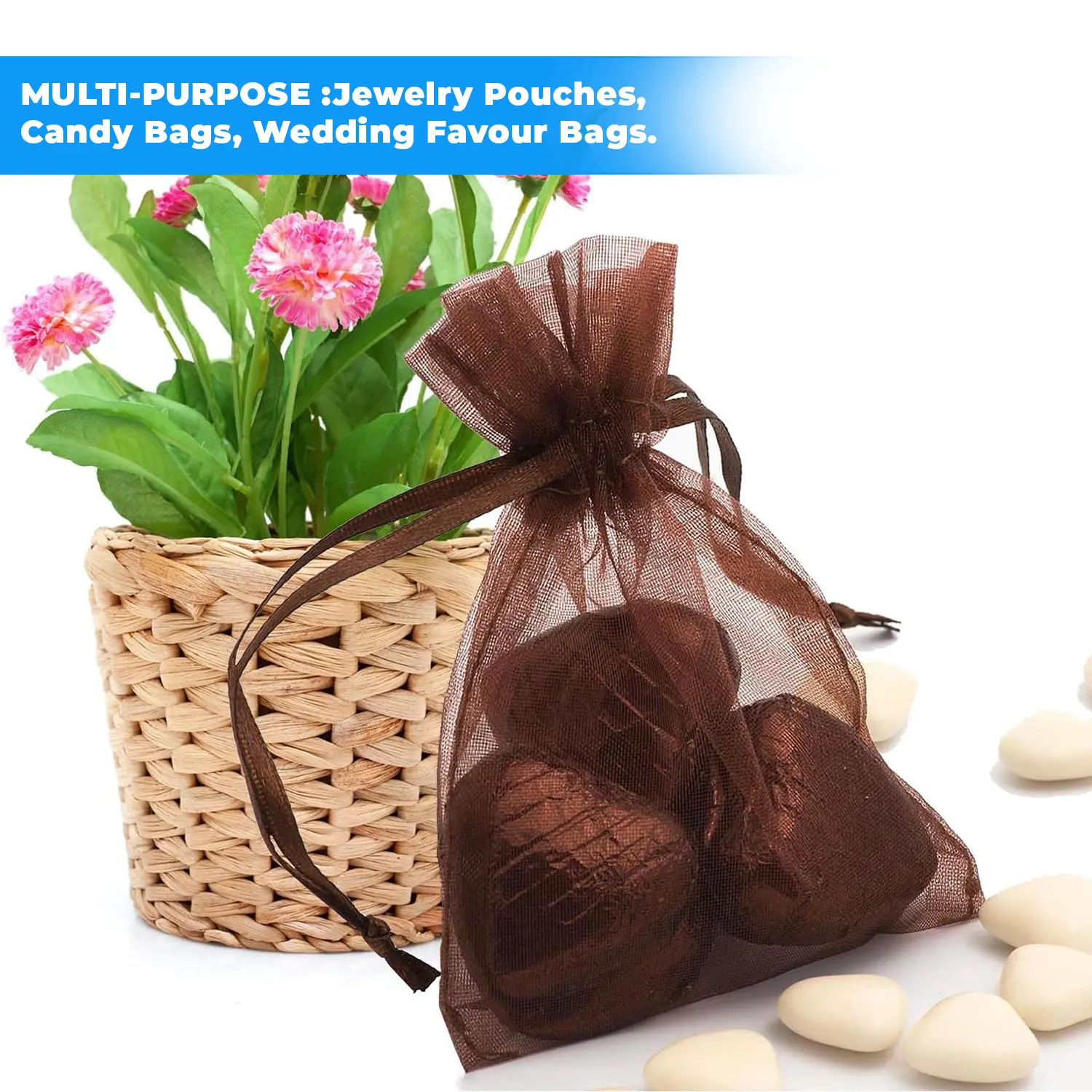 12 X 9 CM ORGANZA BAGS CLOTH BROWN DRAWSTRING FAVOUR POUCHES PRECUT FREE PACK NETS