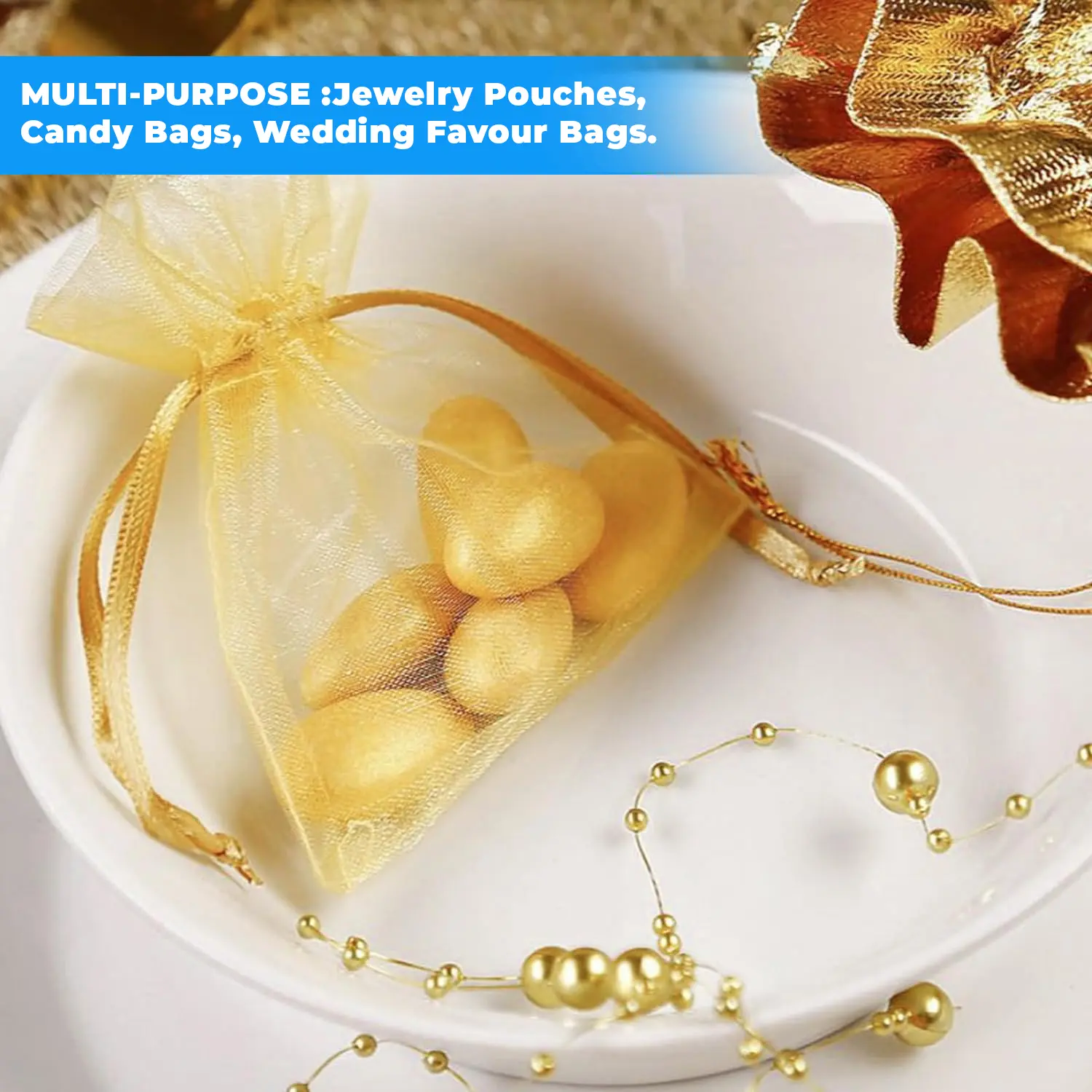 12 X 9 CM ORGANZA BAGS CLOTH GOLD DRAWSTRING FAVOUR POUCHES PRECUT FREE PACK NETS