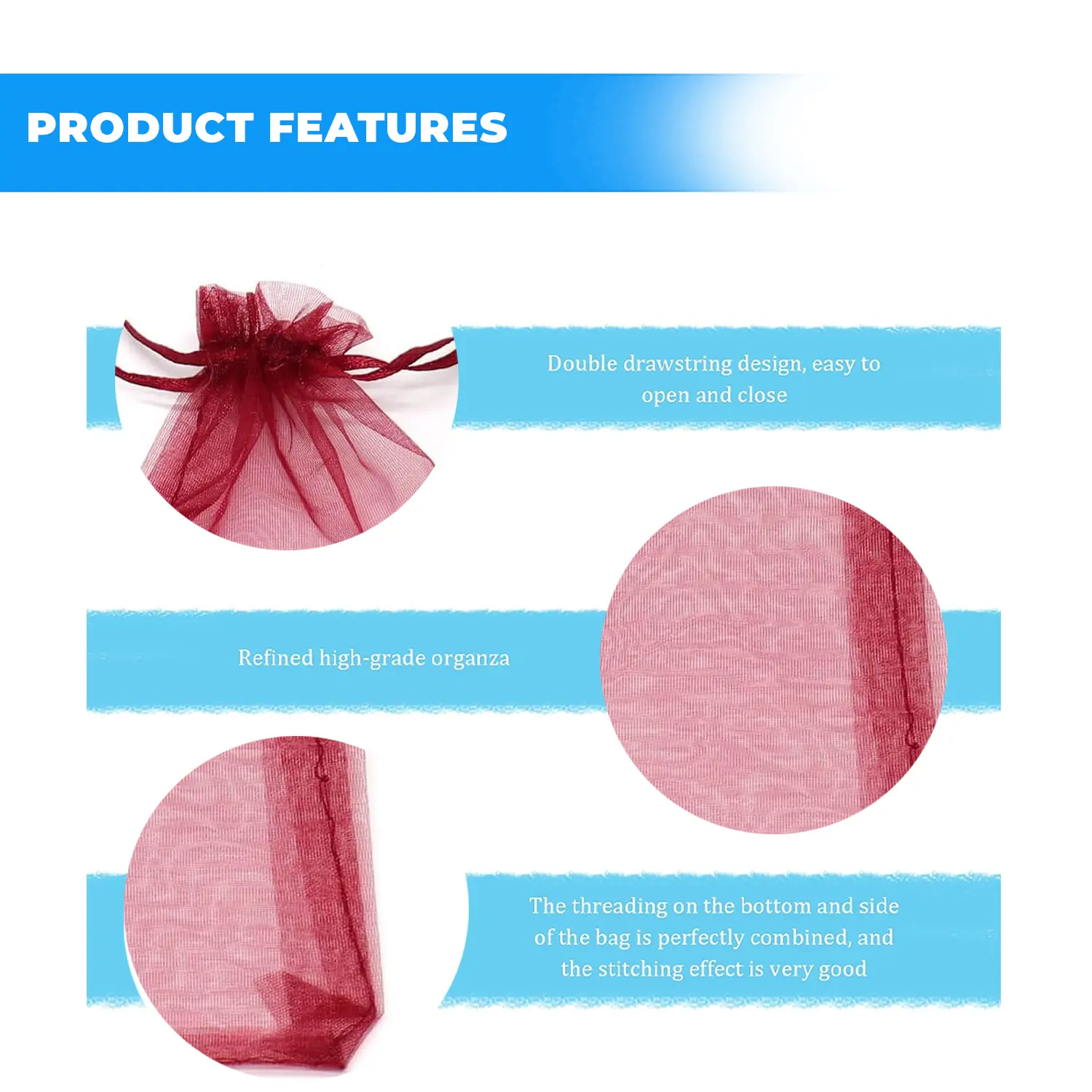 12 X 9 CM ORGANZA BAGS CLOTH MAROON DRAWSTRING FAVOUR POUCHES PRECUT FREE PACK NETS
