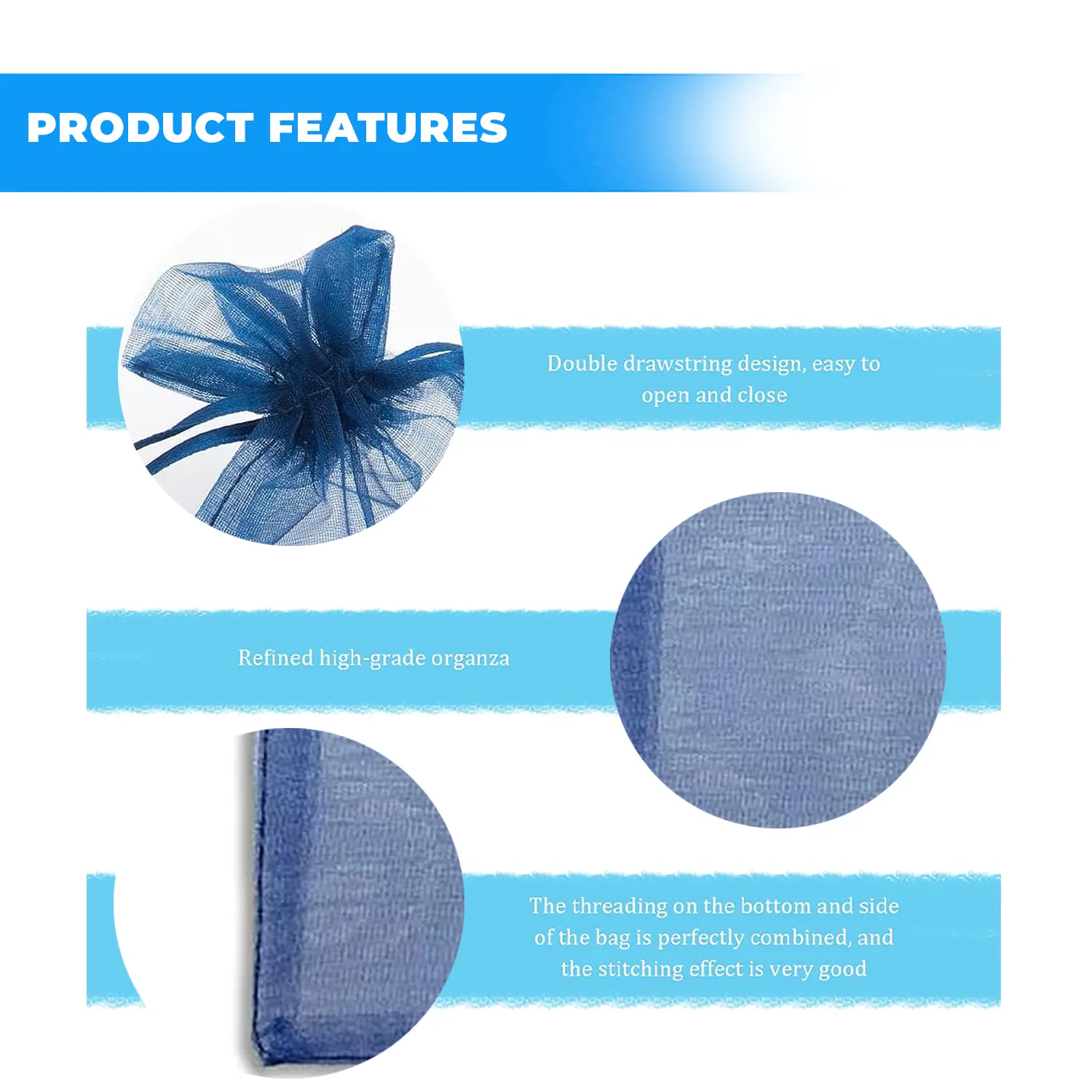 12 X 9 CM ORGANZA BAGS CLOTH NAVY BLUE DRAWSTRING FAVOUR POUCHES PRECUT FREE PACK NETS