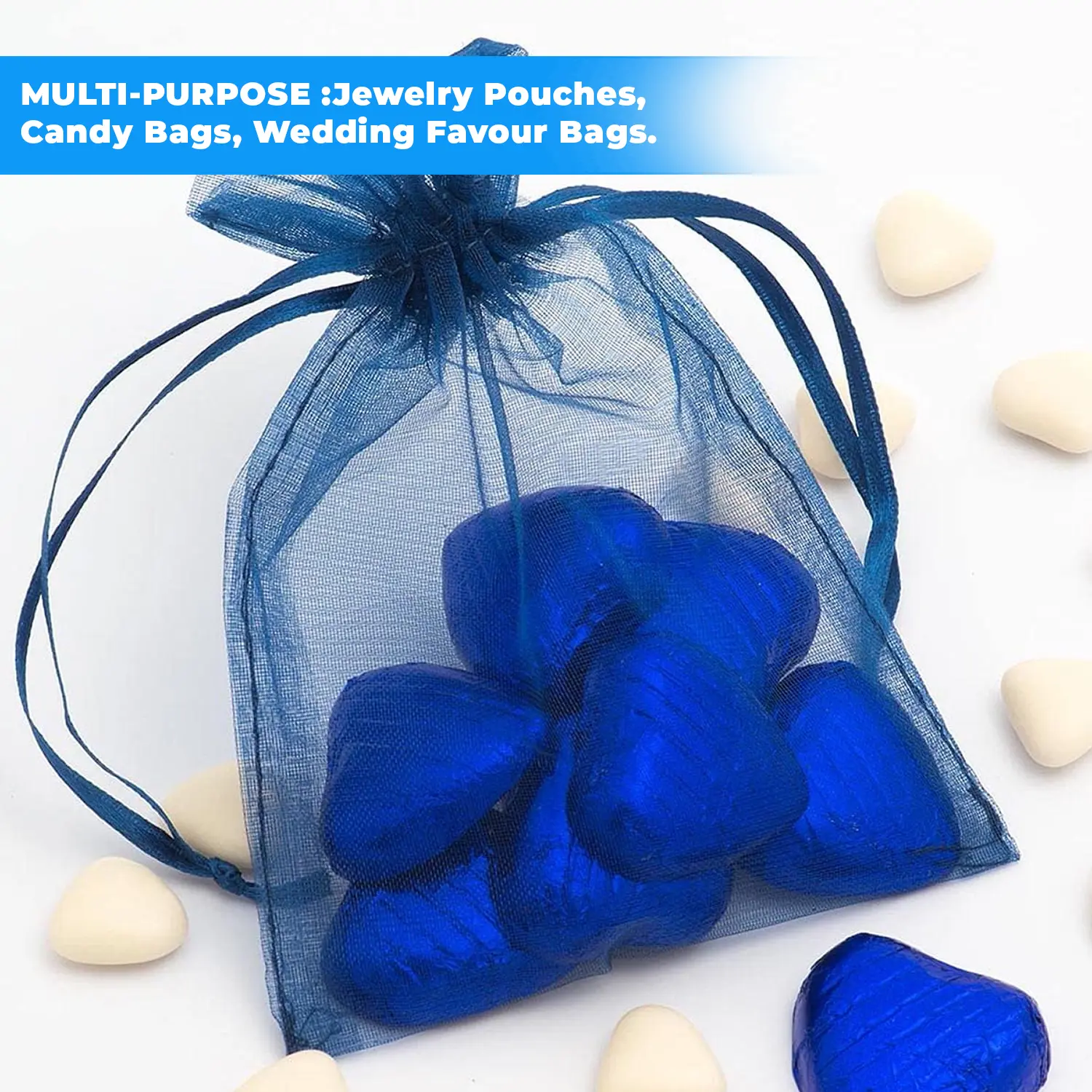 12 X 9 CM ORGANZA BAGS CLOTH NAVY BLUE DRAWSTRING FAVOUR POUCHES PRECUT FREE PACK NETS
