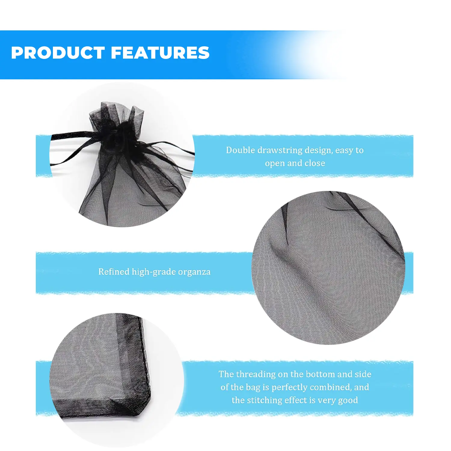 12 X 9 CM ORGANZA BAGS CLOTH BLACK DRAWSTRING FAVOUR POUCHES PRECUT FREE PACK NETS