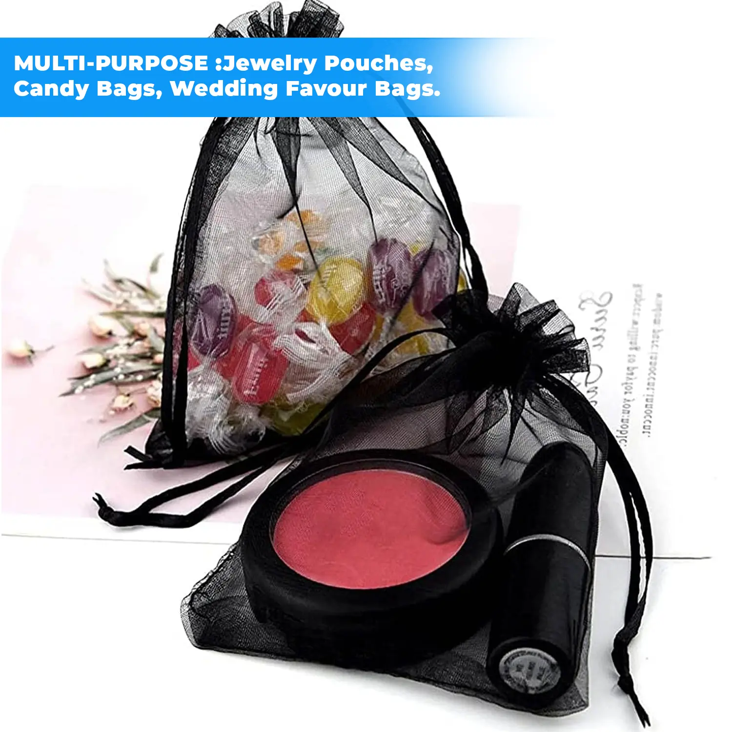 12 X 9 CM ORGANZA BAGS CLOTH BLACK DRAWSTRING FAVOUR POUCHES PRECUT FREE PACK NETS