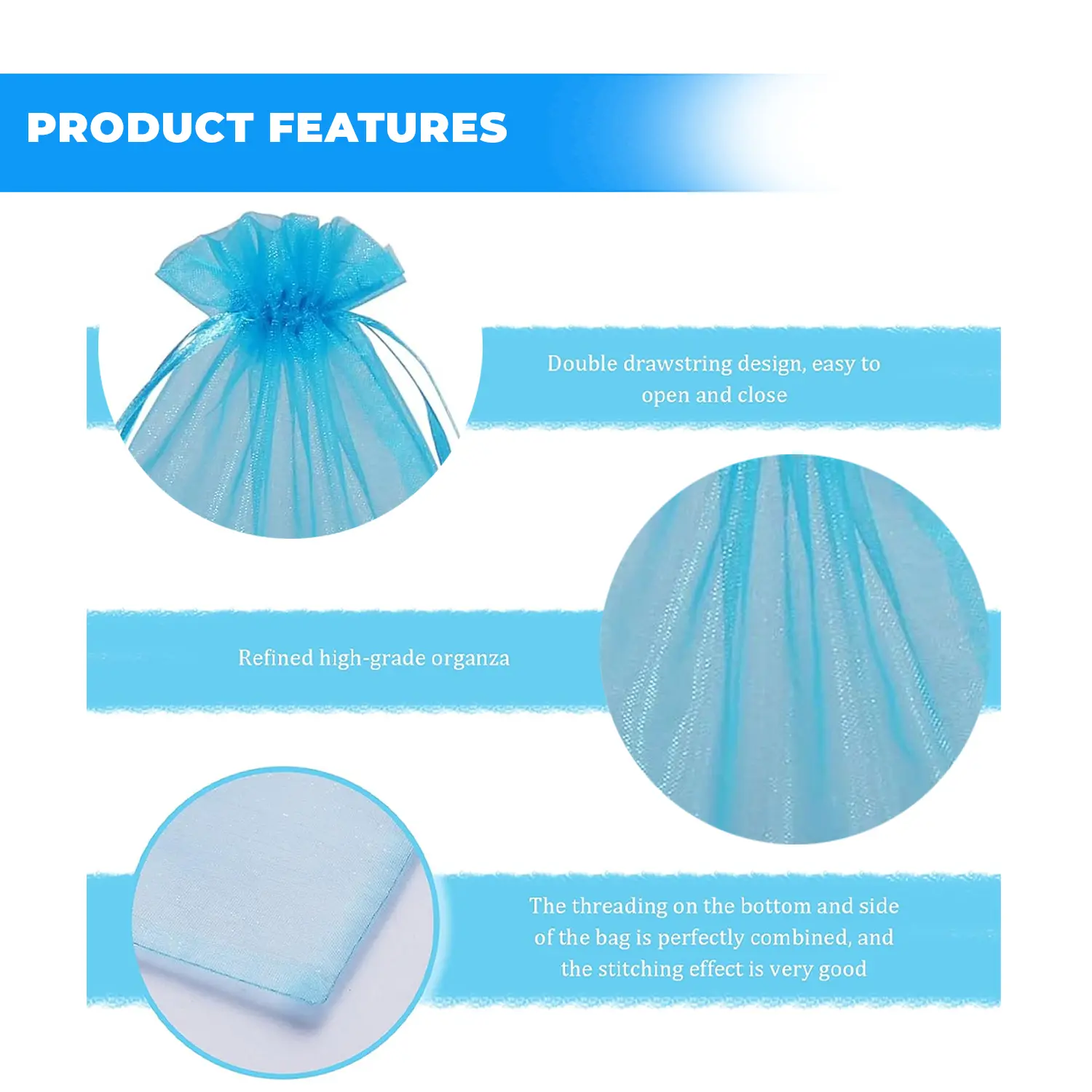 12 X 9 CM ORGANZA BAGS CLOTH TURQUOISE DRAWING FAVOUR POUCHES PRECUT FREE PACK NETS
