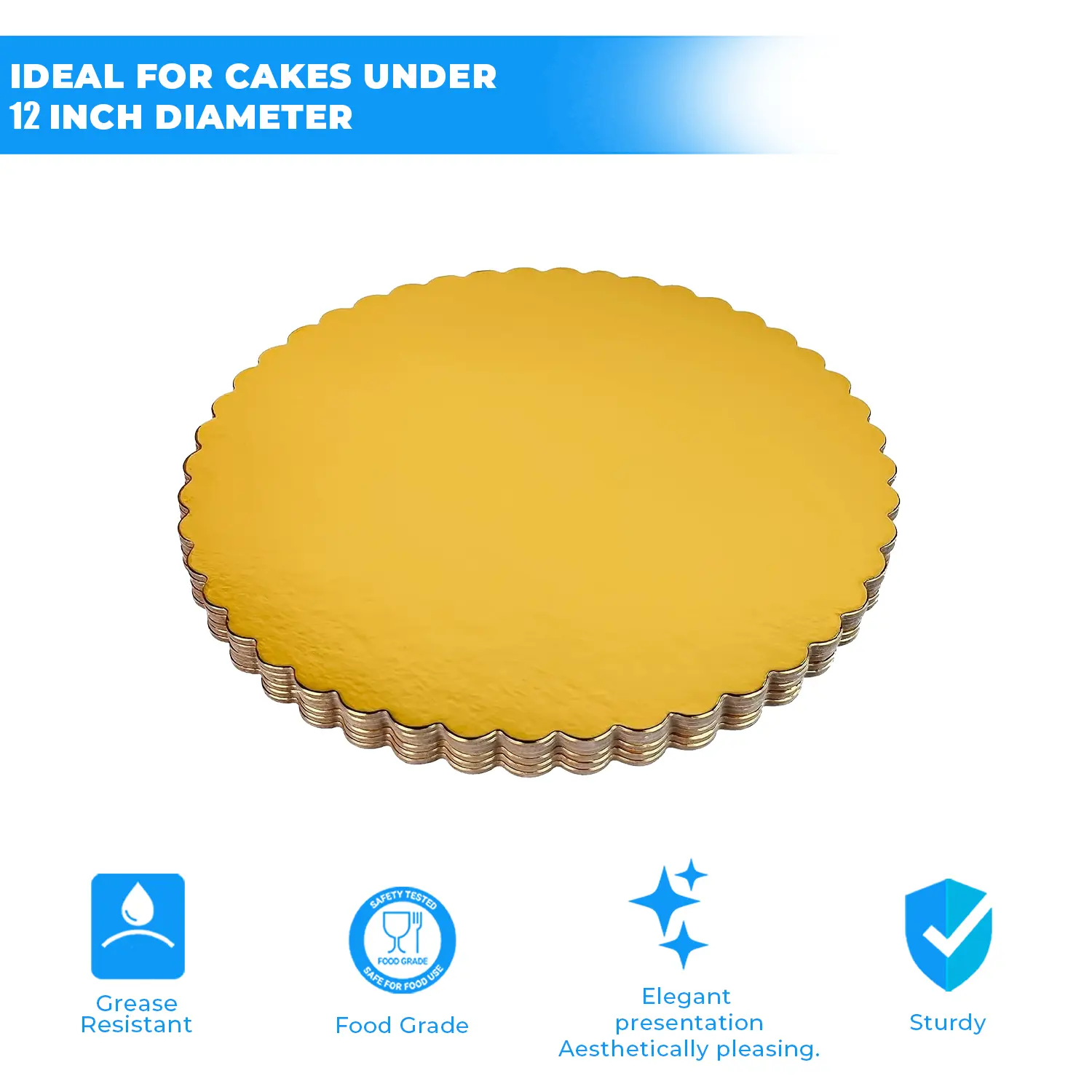 2KG 12 INCH ROUND SCALLOPED GOLD CAKE BOARD, DECORATIVE GOLD CAKE BASE, REUSABLE THIN GOLD CAKE BOARD, STRONG ROUND GOLD CAKE BOARD, ELEGANT WEDDING CAKE BOARD, STYLISH CAKE BOARD KENYA