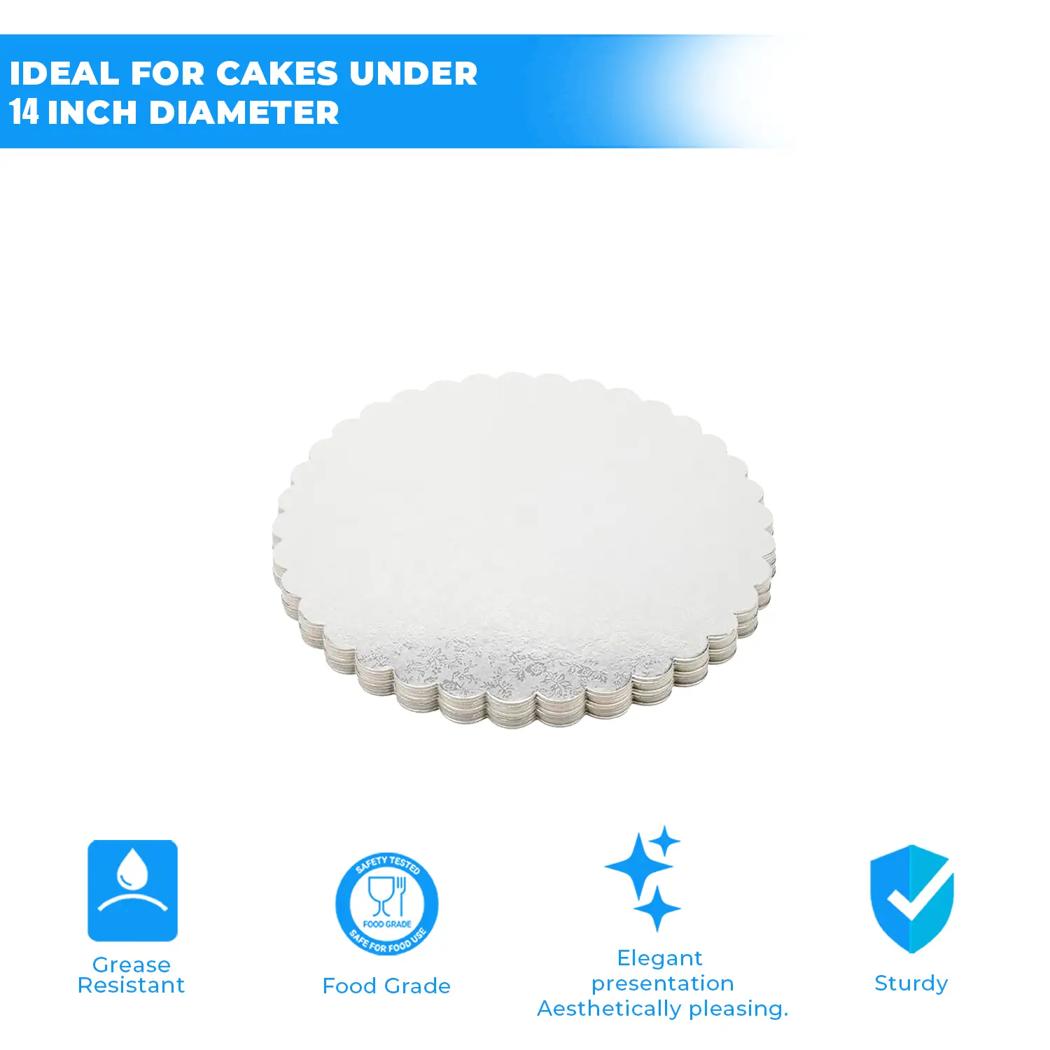3KG 14 INCH ROUND SCALLOPED SILVER CAKE BOARD, STYLISH CAKE BOARD KENYA, DECORATIVE SILVER CAKE BASE, STRONG GREASEPROOF CAKE BOARD, REUSABLE SILVER CAKE BOARD, LUXURY SILVER CAKE BOARD FOR WEDDINGS AND PARTIES, ELEGANT ROUND SILVER CAKE BOARD