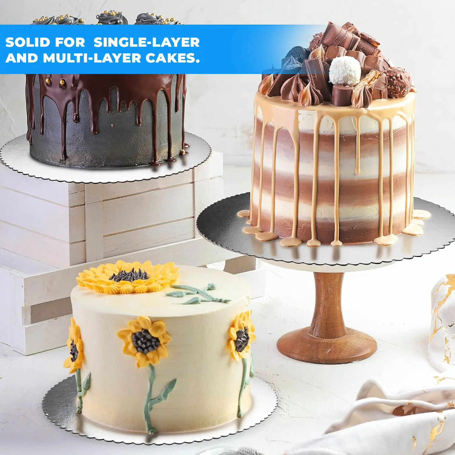 4KG 16 INCH ROUND SCALLOPED SILVER CAKE BOARD, STYLISH CAKE BOARD KENYA, DECORATIVE SILVER CAKE BASE, STRONG GREASEPROOF CAKE BOARD, REUSABLE SILVER CAKE BOARD, LUXURY SILVER CAKE BOARD FOR WEDDINGS AND PARTIES, ELEGANT ROUND SILVER CAKE BOARD