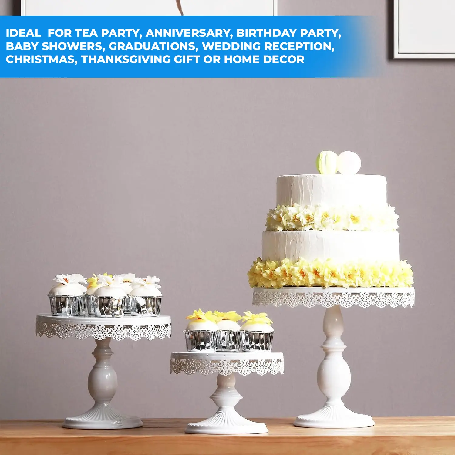 1PC WHITE METALLIC CAKE STAND 1PC H 7CM* D 25CM