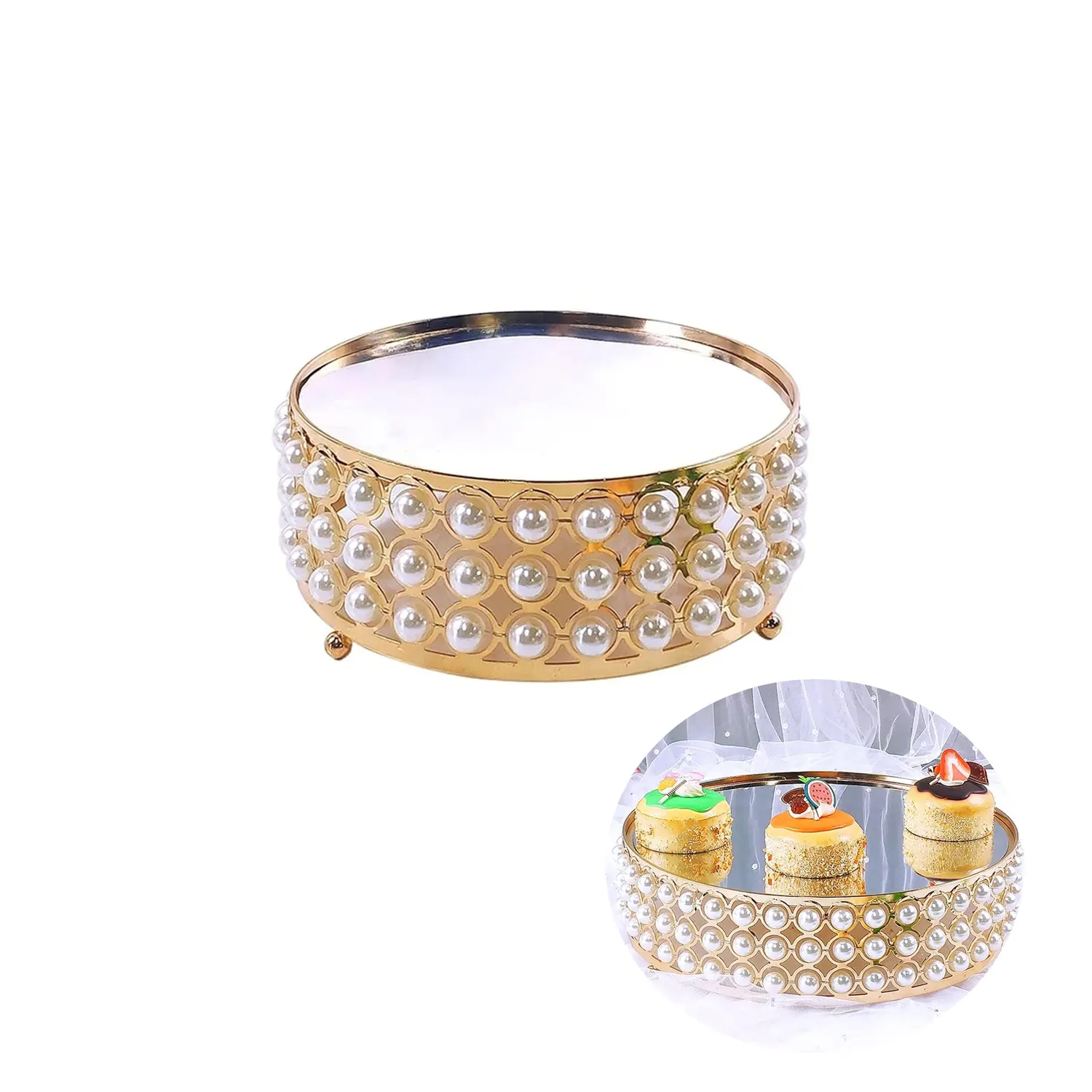 30CM GOLD ROUND PEARLS CAKE STAND