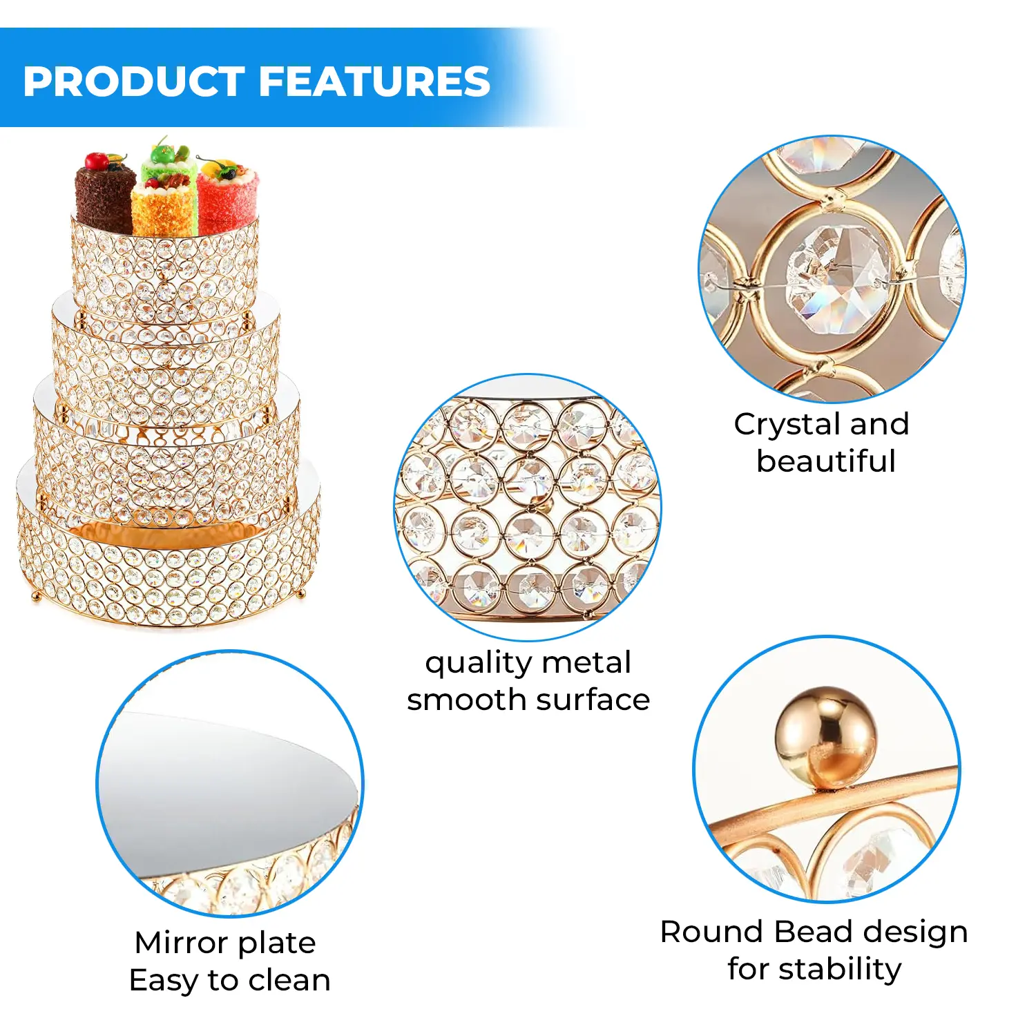35CM GOLD 4 LINKS MIRROR CRYSTAL CAKE STAND