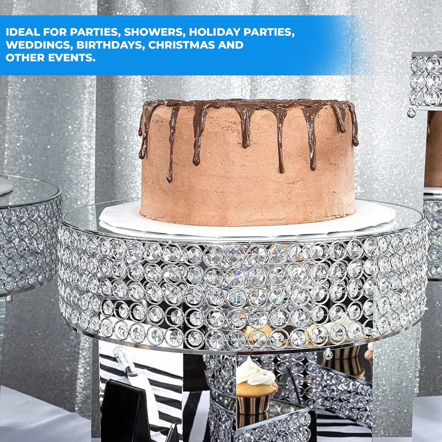 35CM SILVER 4 LINKS MIRROR CRYSTAL CAKE STAND
