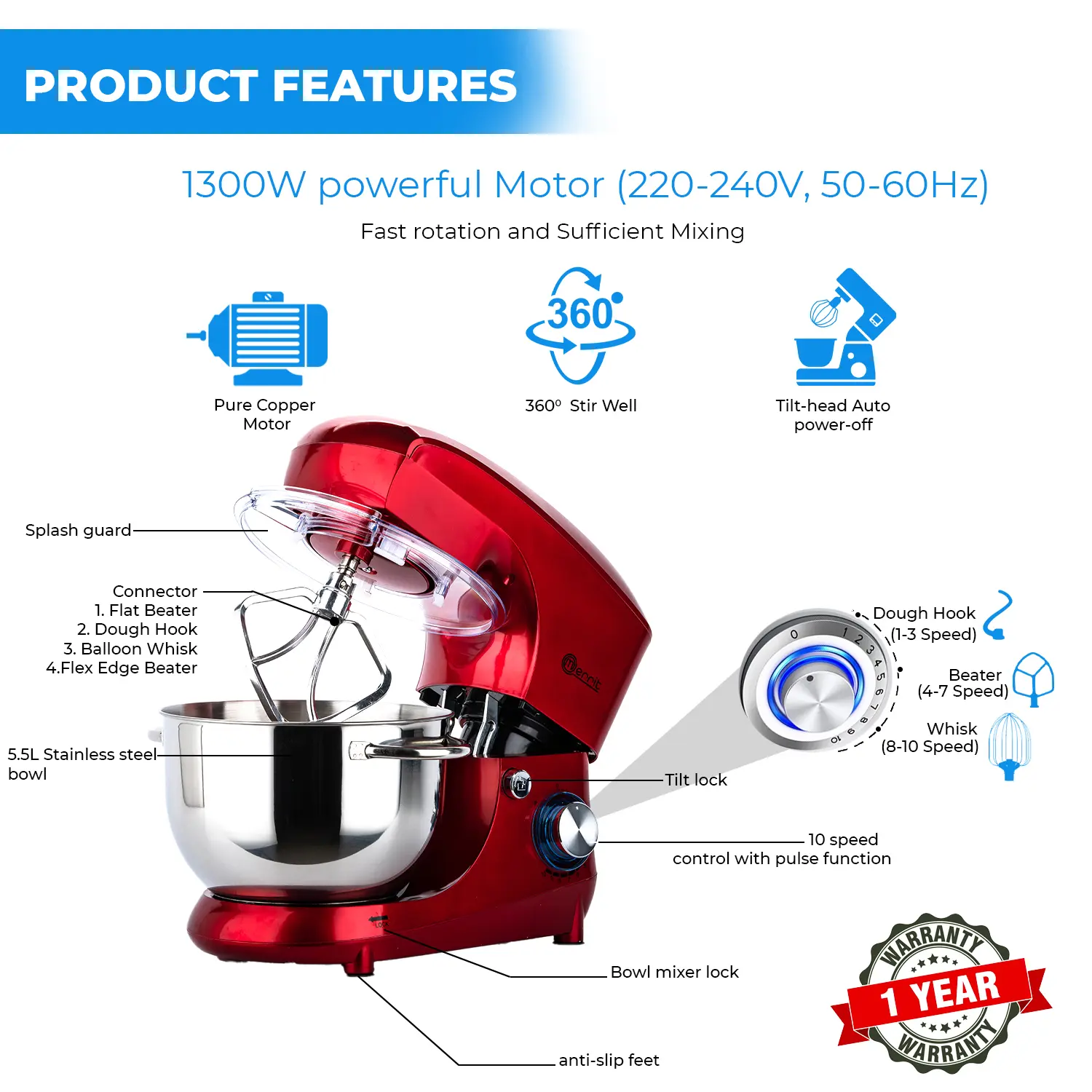 RED MERRIT 5.5L KITCHEN CAKE STAND MIXER