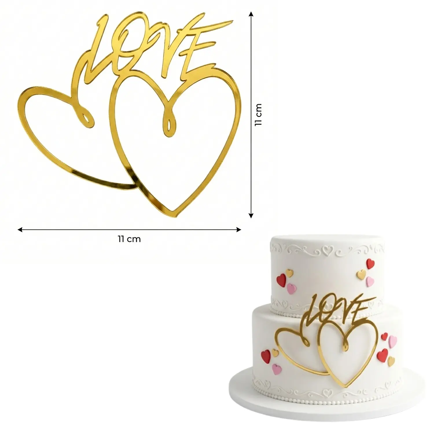 ONE PIECE GOLD MIRROR VALENTINES SIDE TOPPER, GOLD MIRROR ACRYLIC TOPPERS, REUSABLE GOLD ACRYLIC TOPPERS