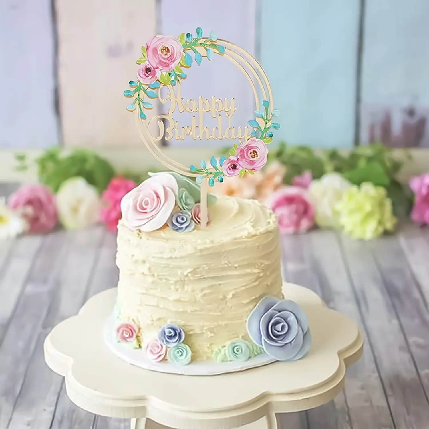 FLOWERED HAPPY BIRTHDAY PVC TOPPER