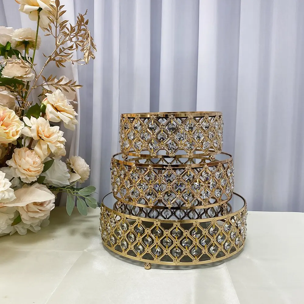 GOLD MIRROR CRYSTAL CAKE STAND (SET OF 3) H8.5CM DIAMETER 20CM 25CM 30CM
