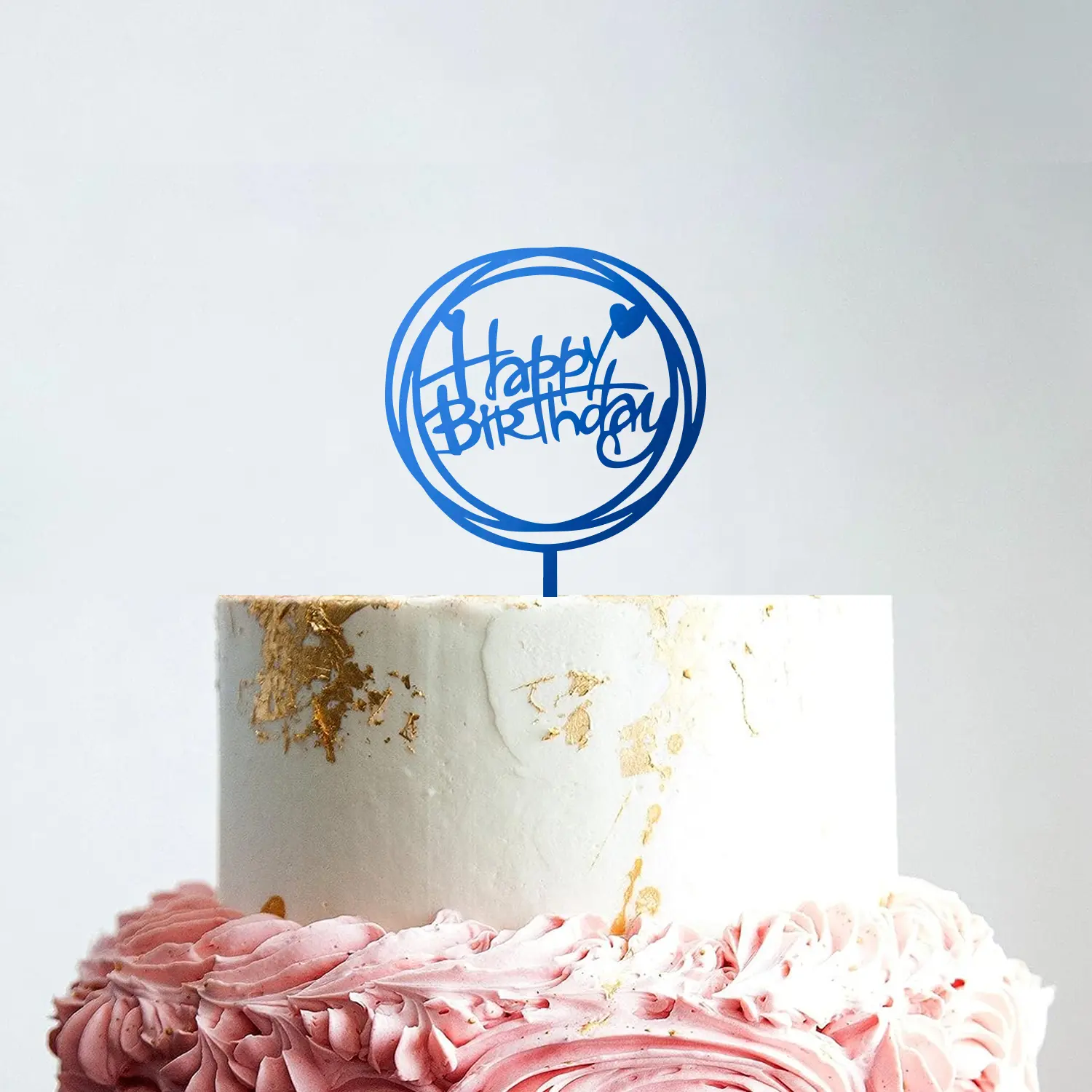 MIRROR BLUE ACRYLIC HAPPY BIRTHDAY TOPPER DOUBLE ROUND BIRTHDAY SIGN