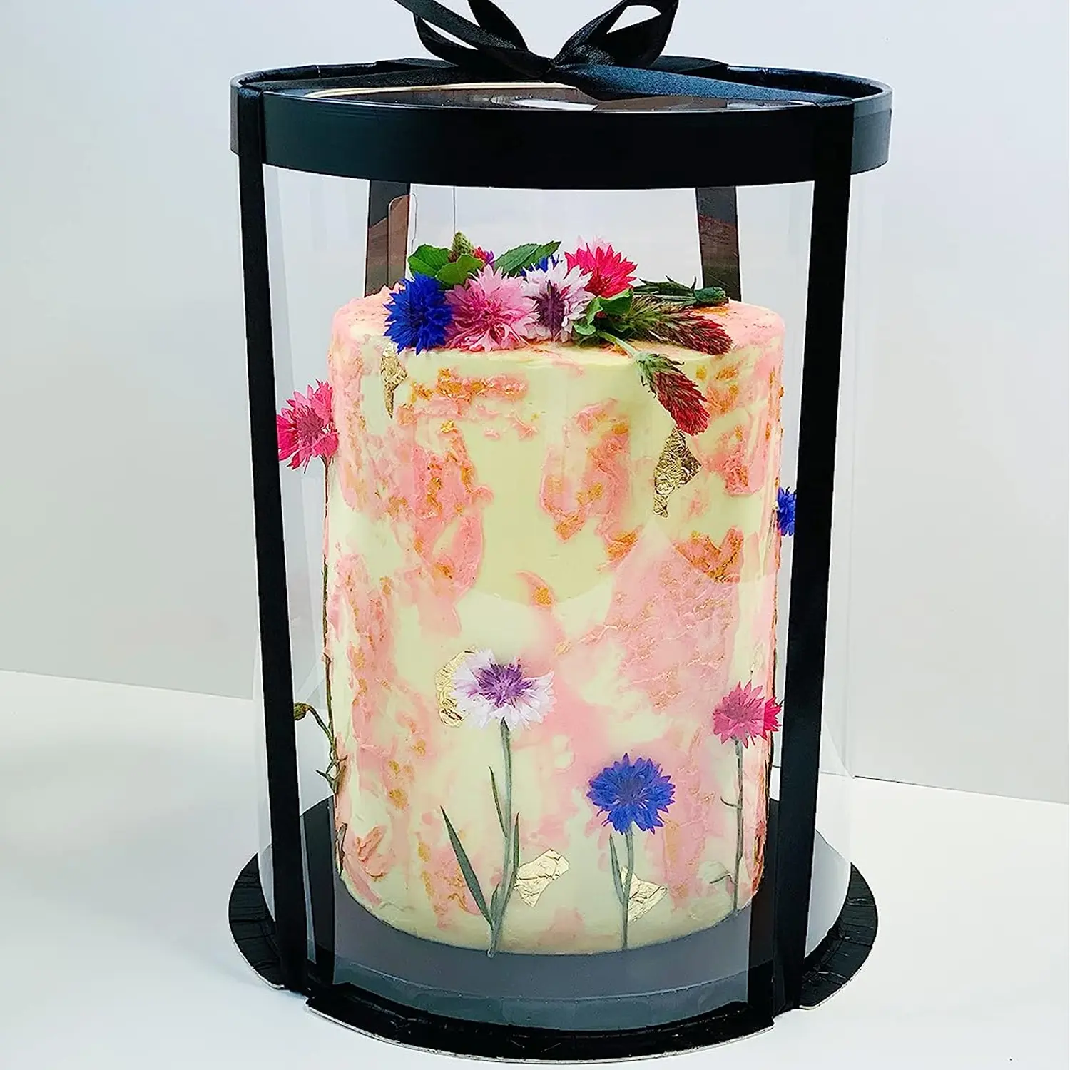 ROUND TRANSPARENT PVC CAKE BOX BLACK LID 26*26*32CM