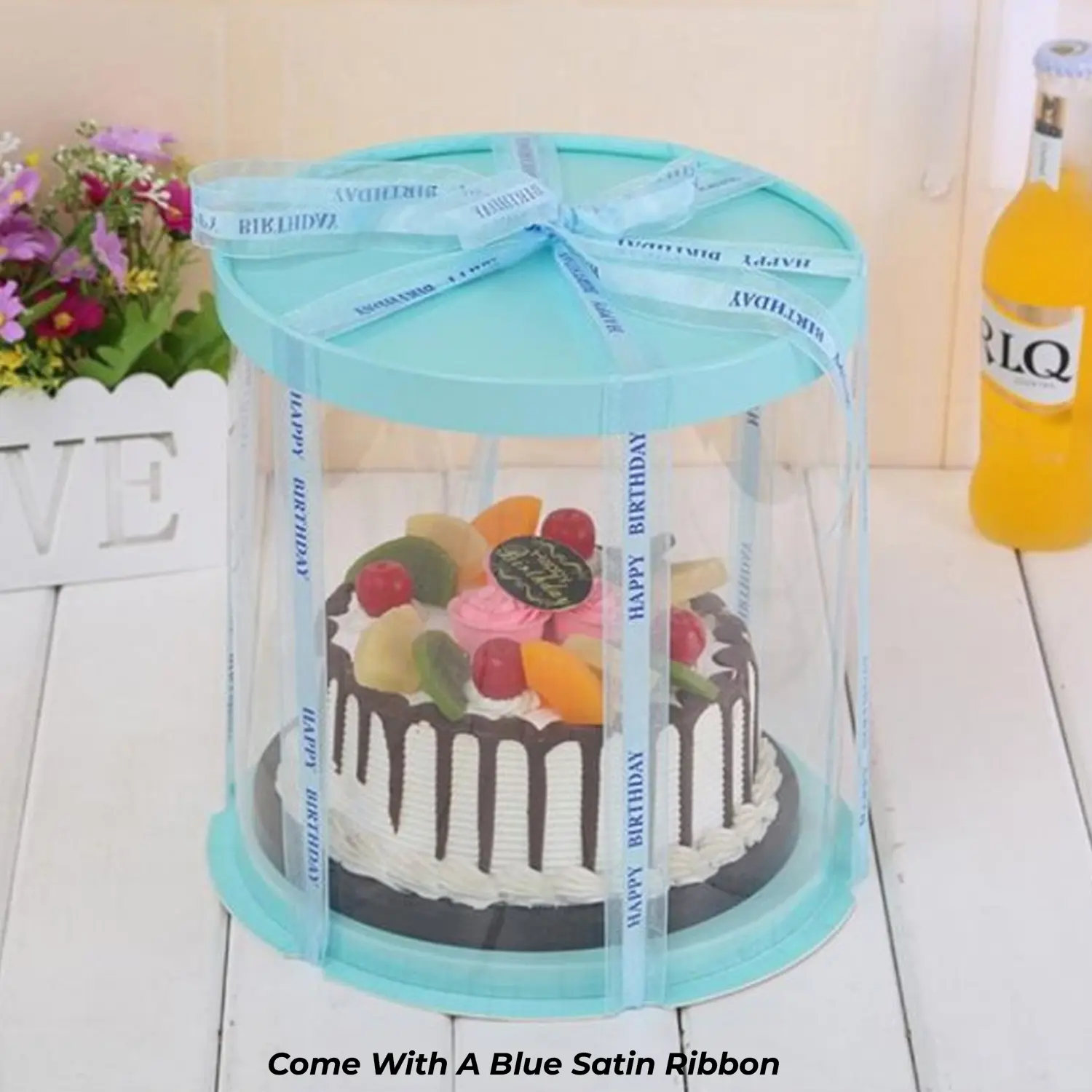 ROUND TRANSPARENT PVC CAKE BOX BLUE LID 26*26*32CM