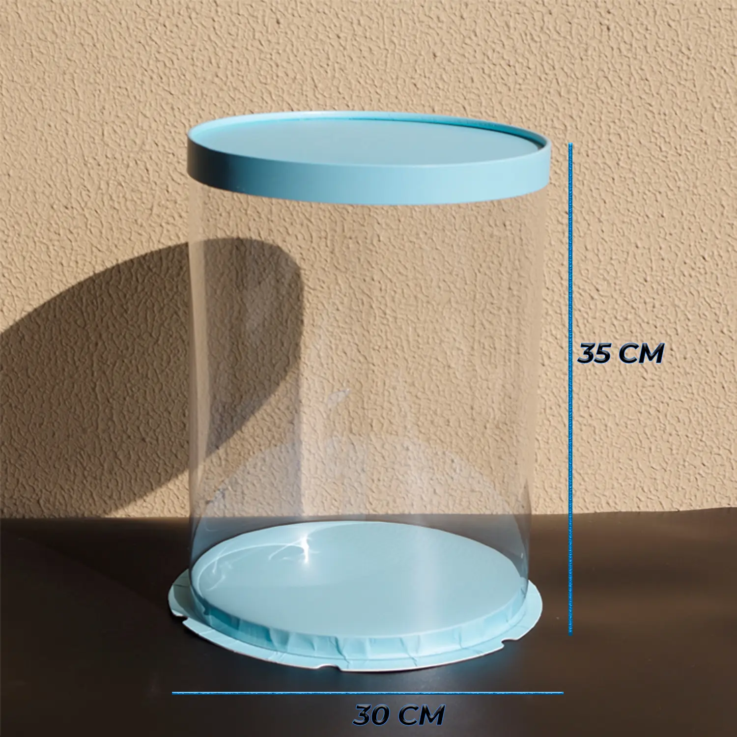 ROUND TRANSPARENT PVC CAKE BOX BLUE LID 30*30*35CM