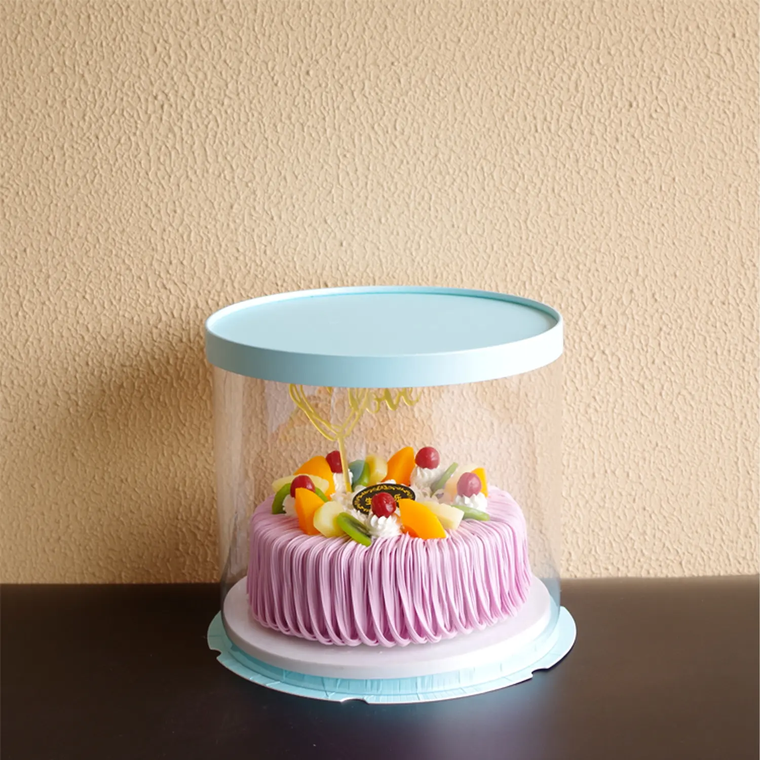 ROUND TRANSPARENT PVC CAKE BOX BLUE LID 30*30*35CM