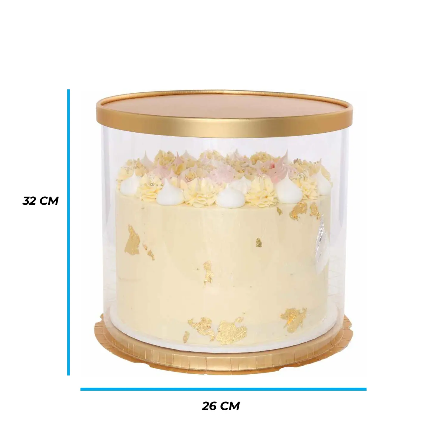 ROUND TRANSPARENT PVC CAKE BOX GOLD LID 26*26*32CM