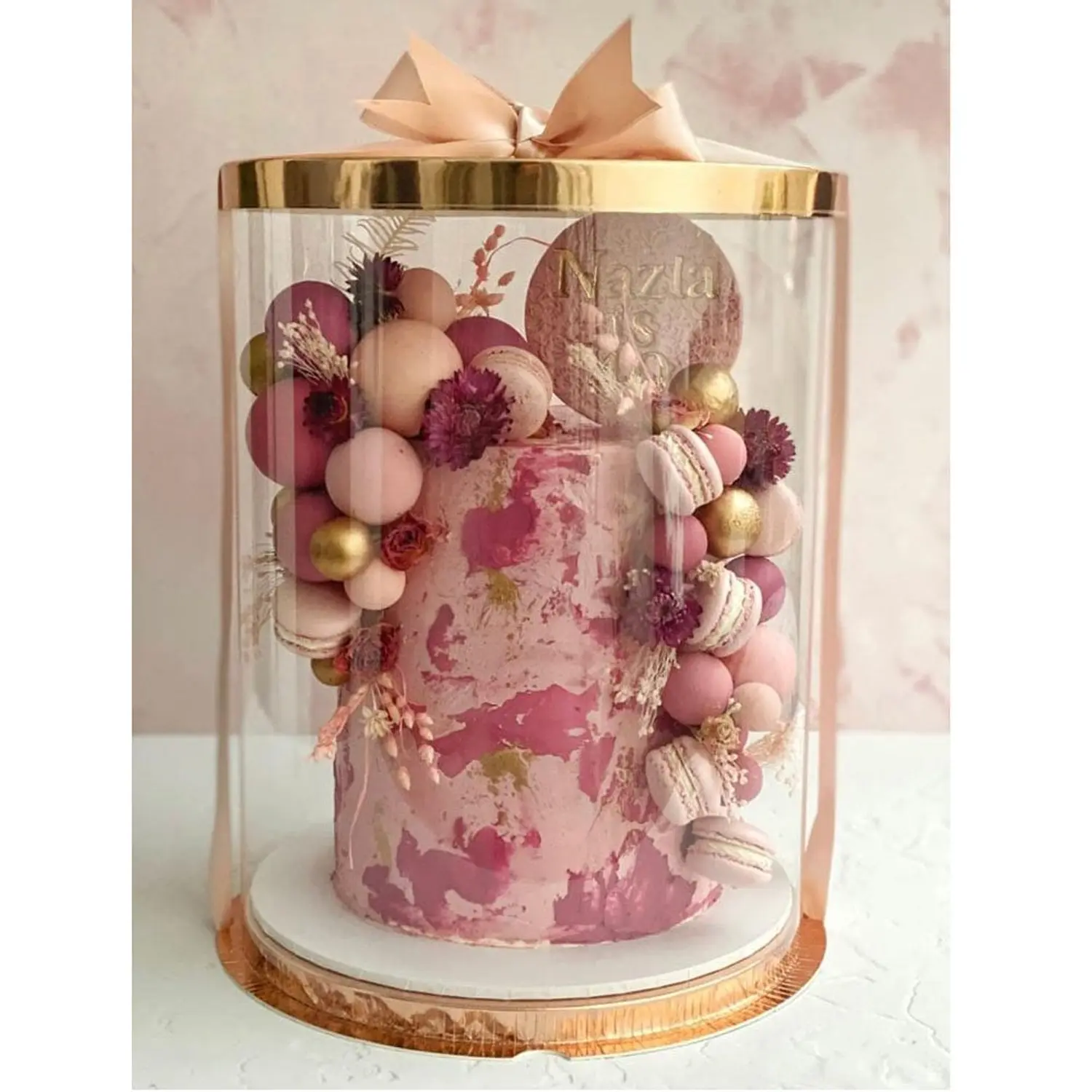 ROUND TRANSPARENT PVC CAKE BOX GOLD LID 30*30*35CM