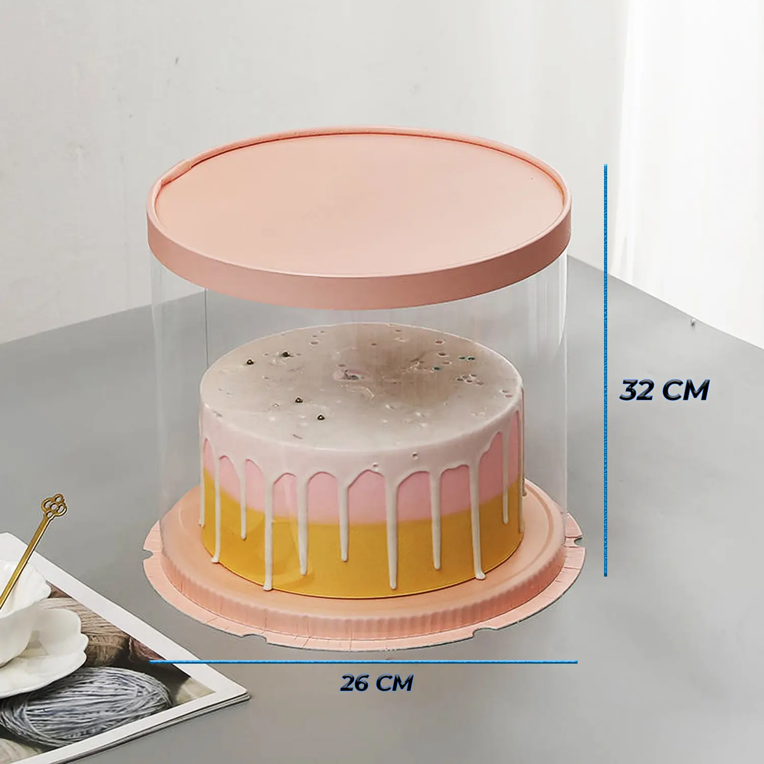 ROUND TRANSPARENT PVC CAKE BOX PEACH LID 26*26*32CM
