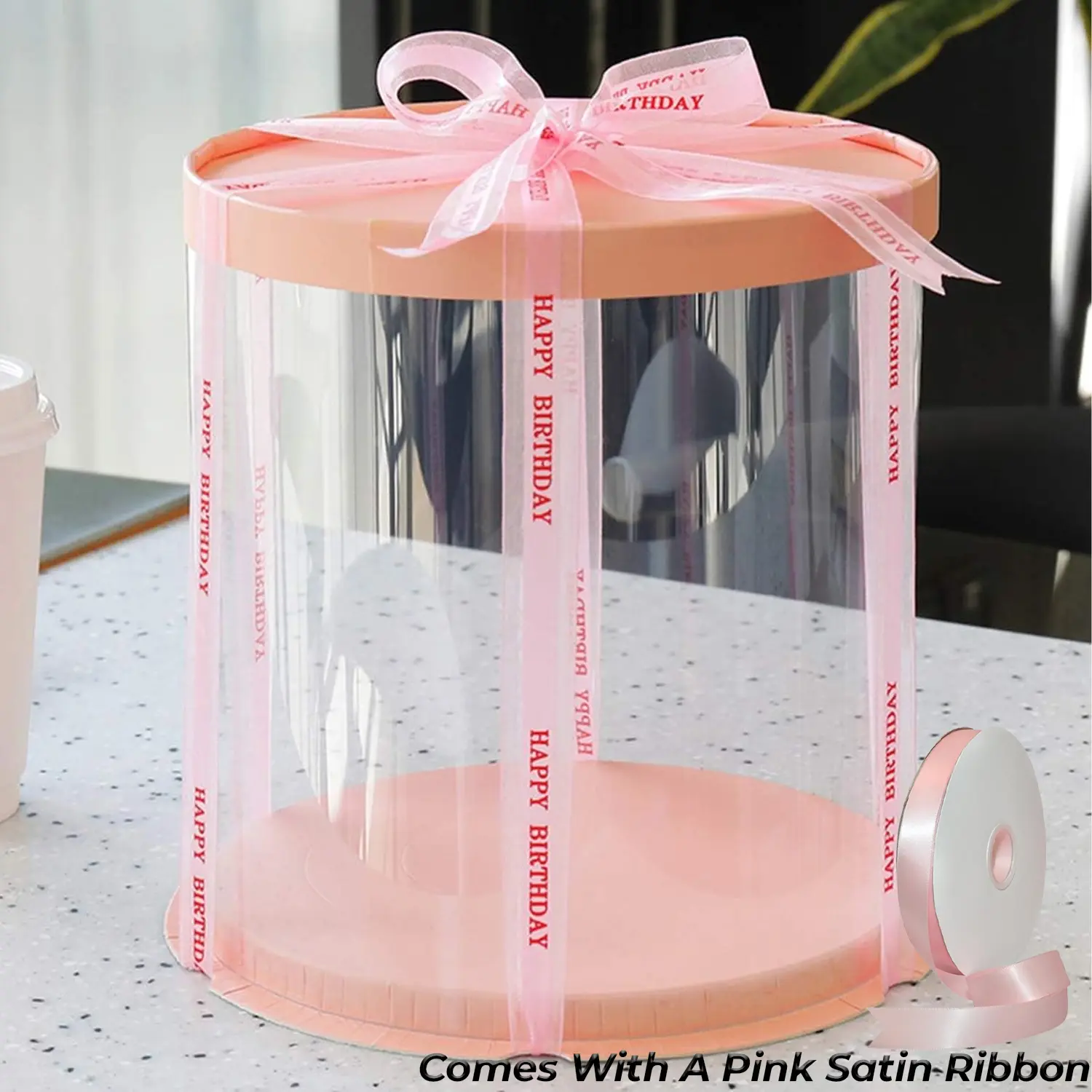 ROUND TRANSPARENT PVC CAKE BOX PEACH LID 26*26*32CM