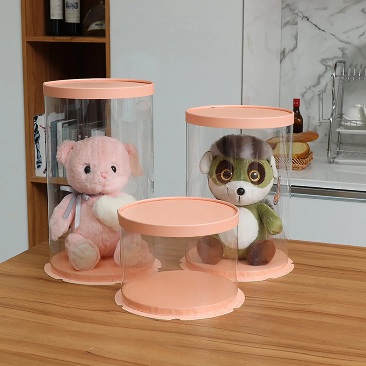 ROUND TRANSPARENT PVC CAKE BOX PINK LID 30*30*35CM