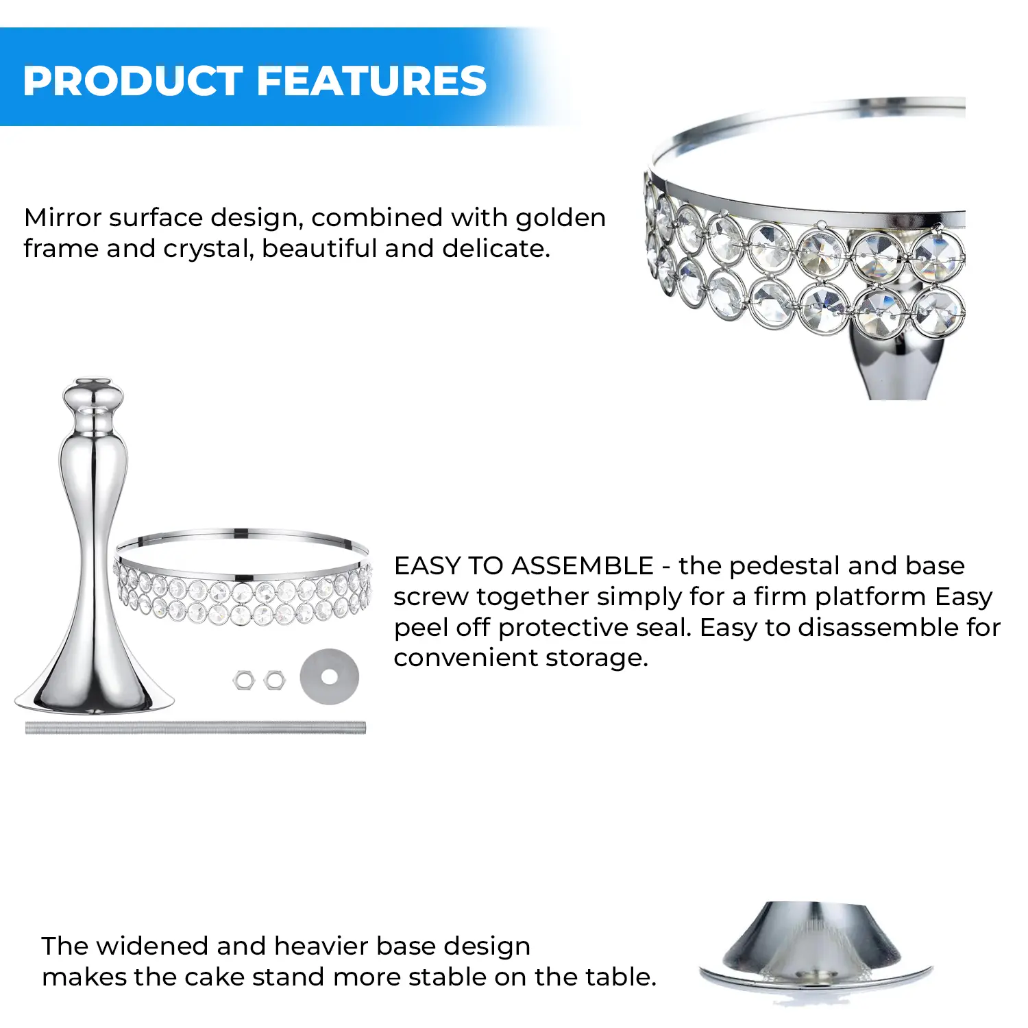 SILVER CRYSTAL CAKE STAND 1PC H 39CM* D 30CM