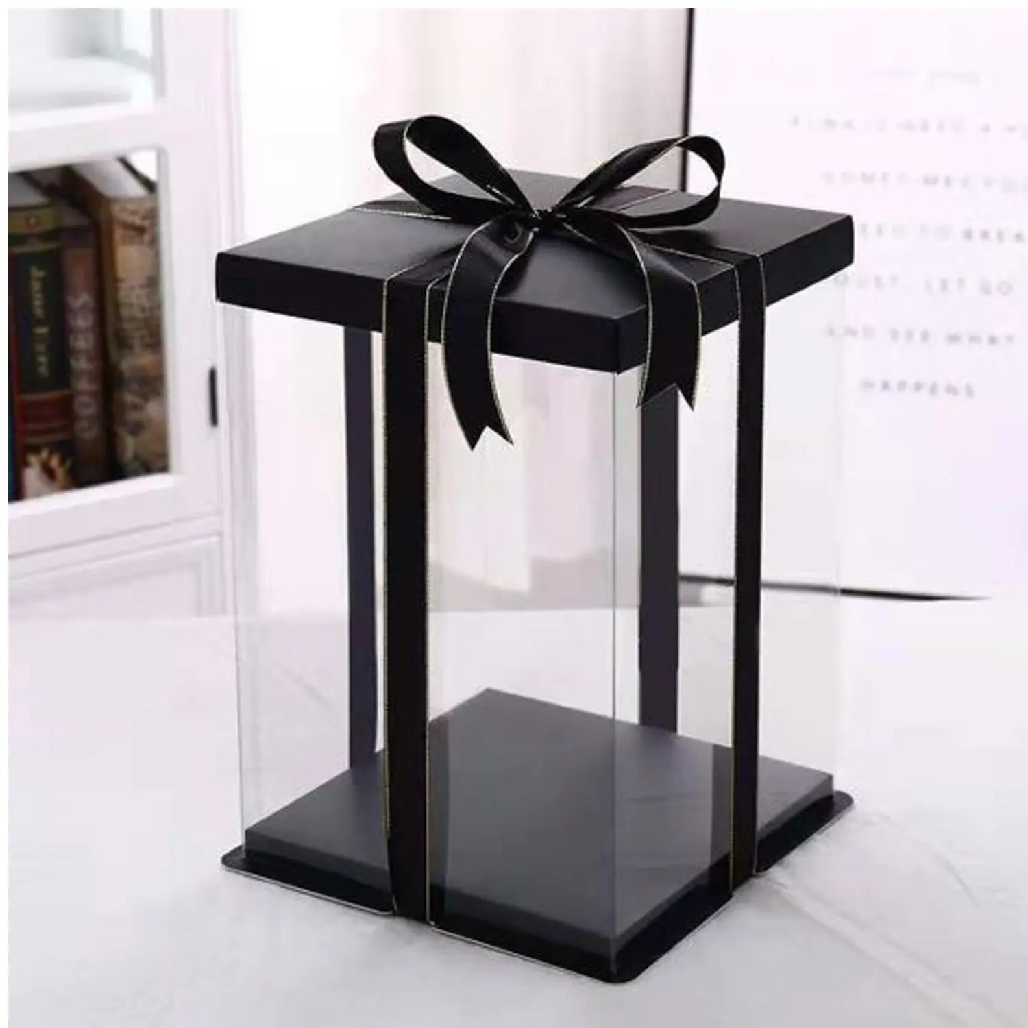 SQUARE TRANSPARENT PVC CAKE BOX BLACK LID 30*30*40CM