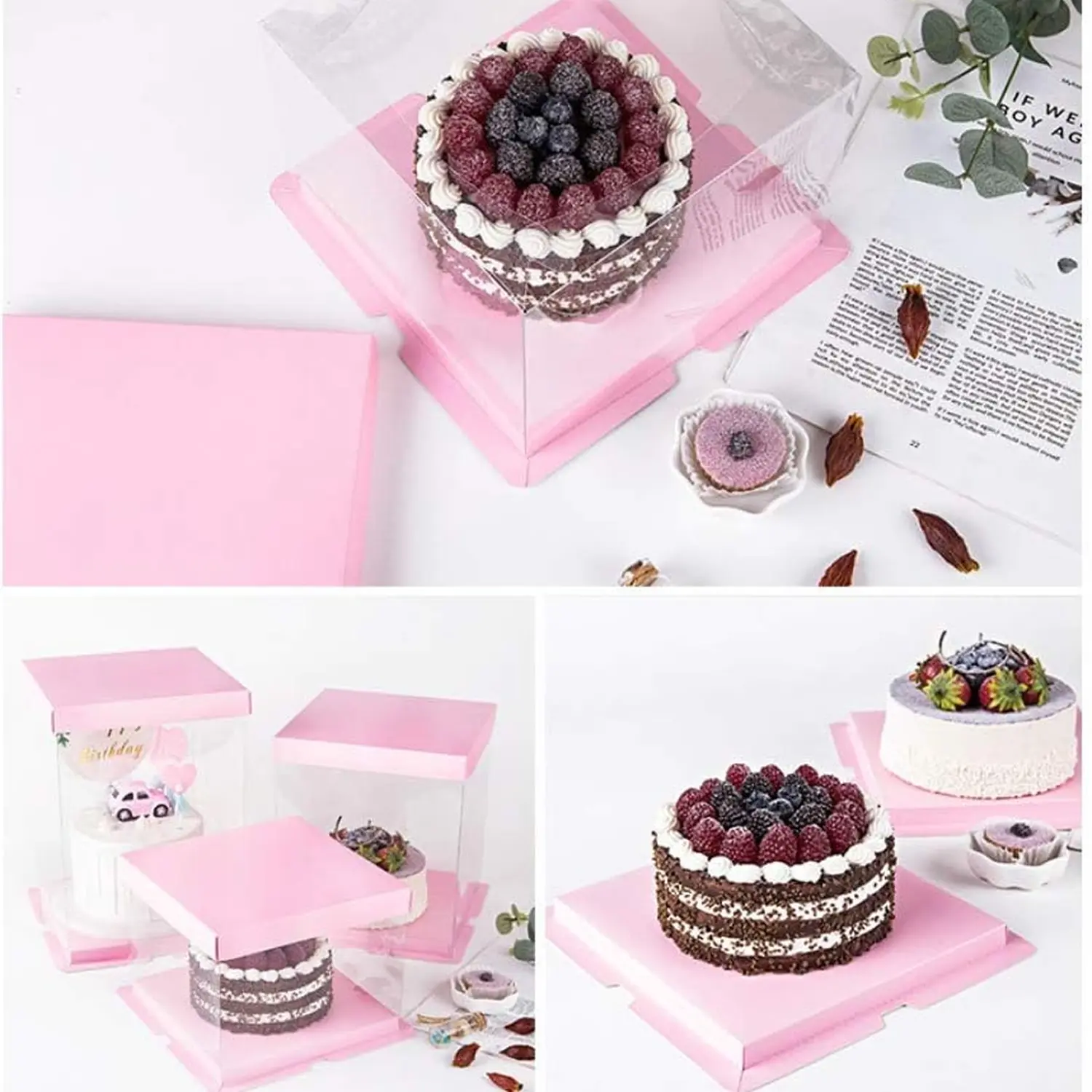 SQUARE TRANSPARENT PVC CAKE BOX PINK LID 26*26*31CM