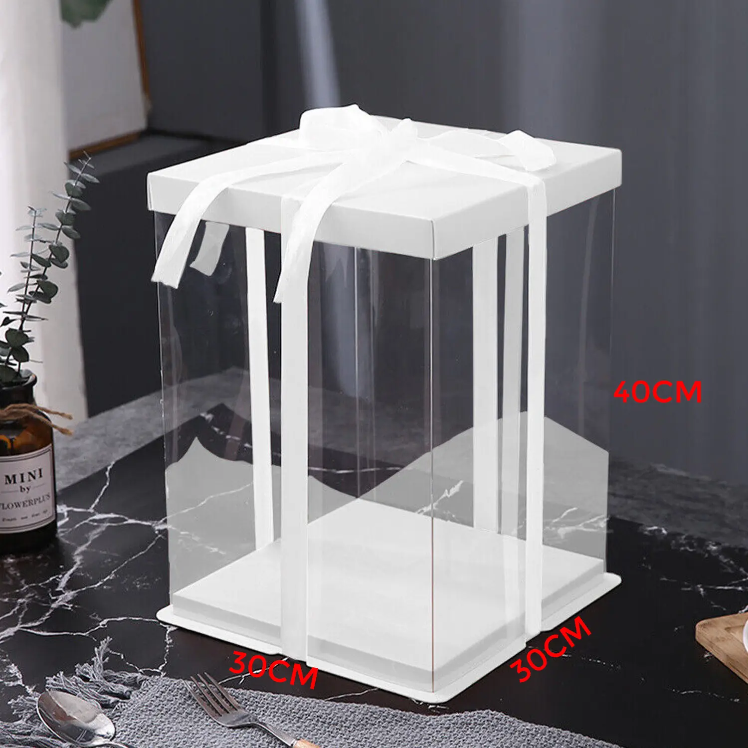SQUARE TRANSPARENT PVC CAKE BOX WHITE LID 30*30*40CM