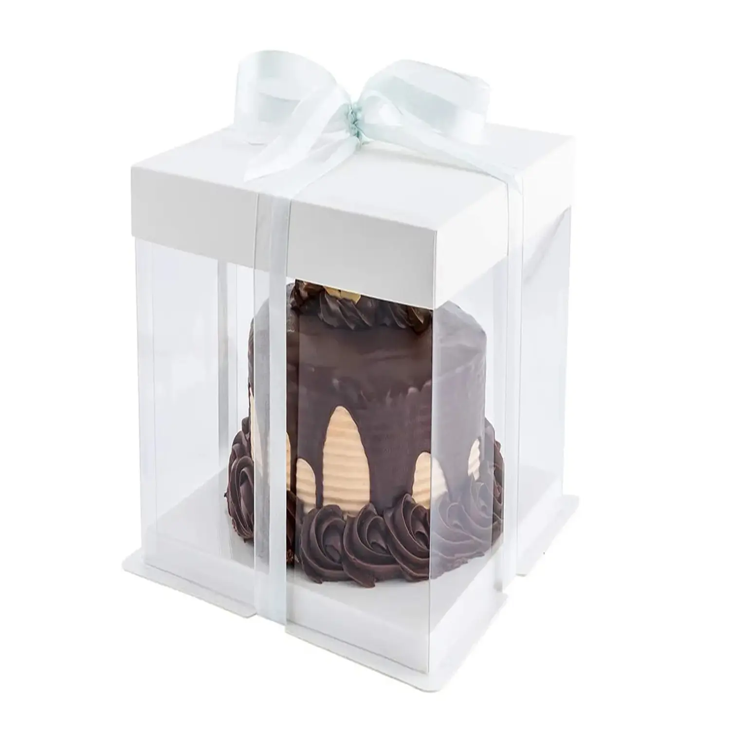 SQUARE TRANSPARENT PVC CAKE BOX WHITE LID 30*30*40CM